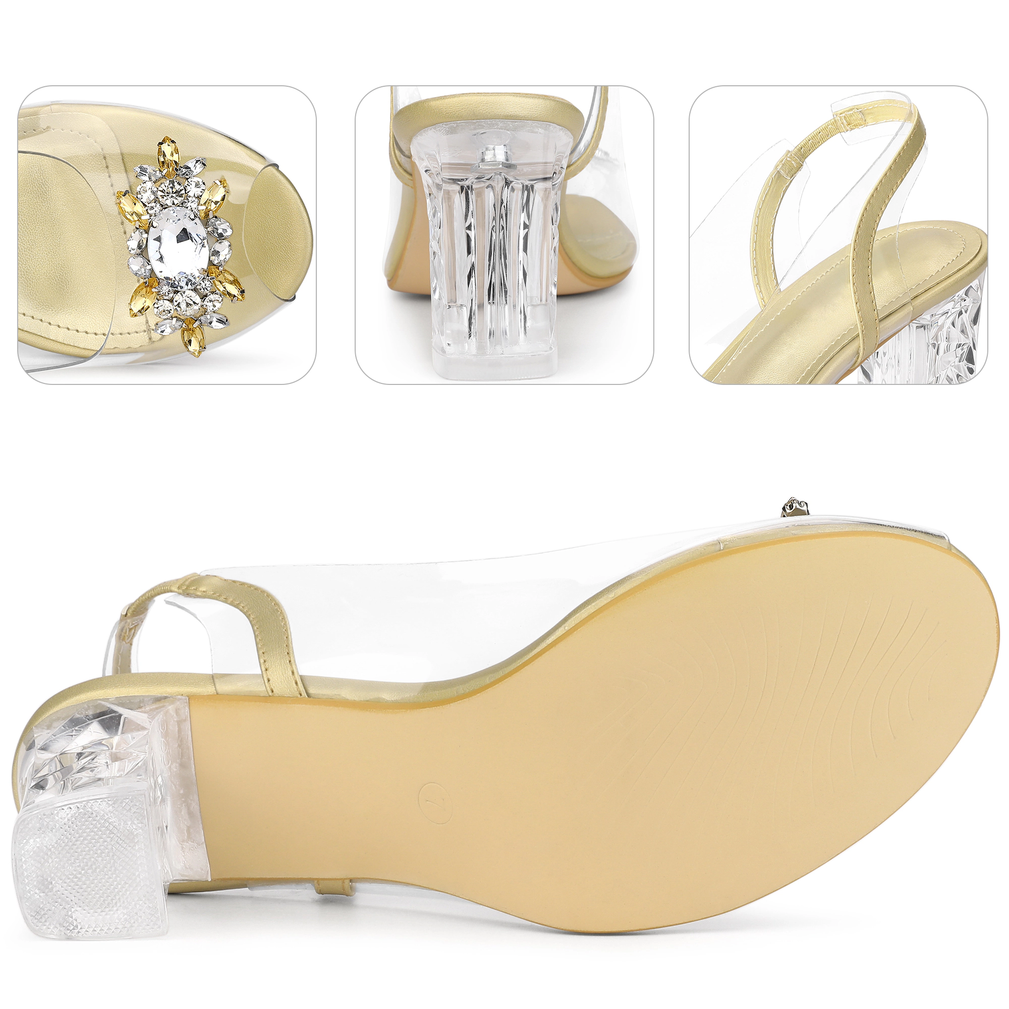 BLISSFUL STEP Women's Clear Slingback Rhinestone Peep Toe Block Heels Sandals