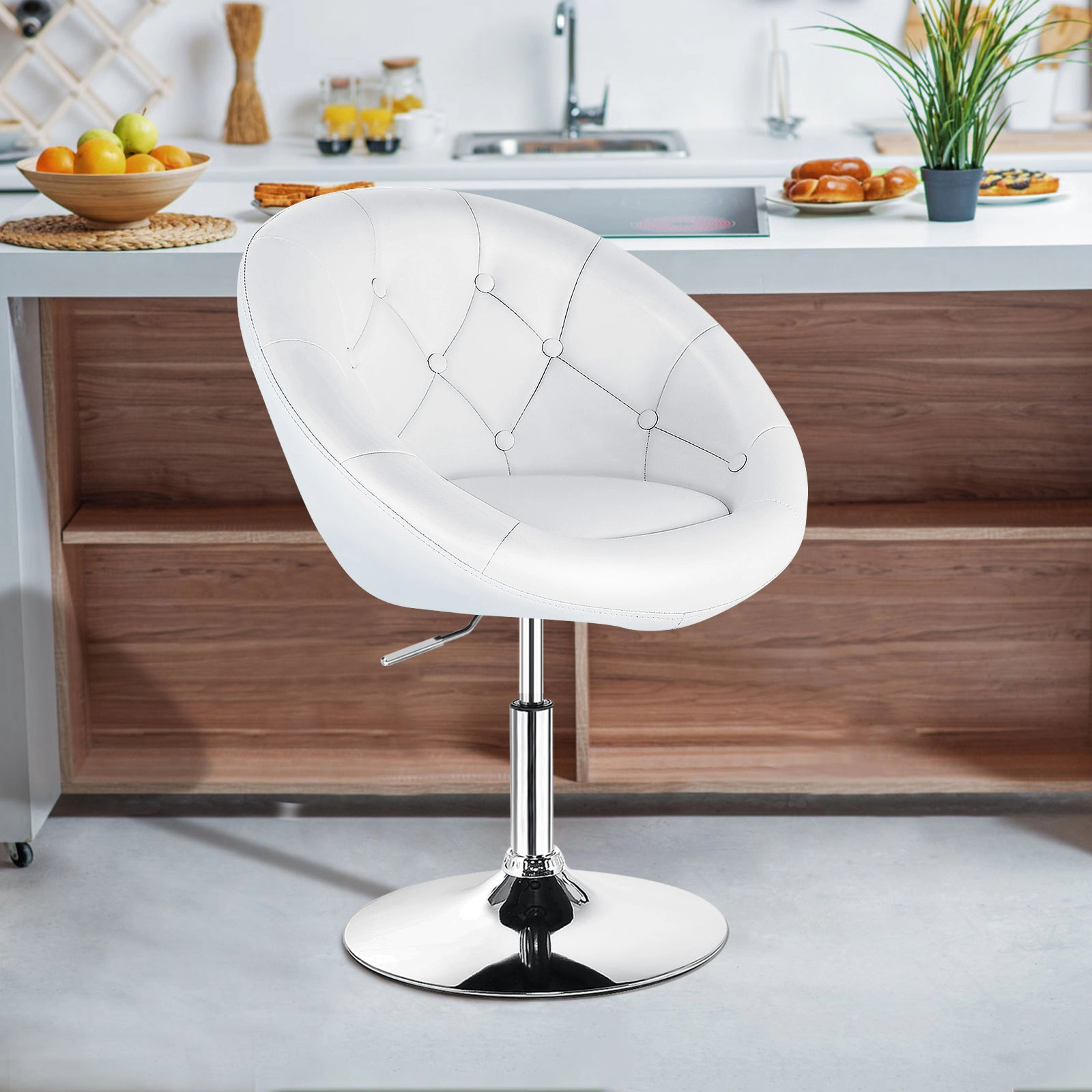 SUGIFT Adjustable Height 330-lb Capacity White Tufted Round Back Swivel Accent Chair with Chrome Frame