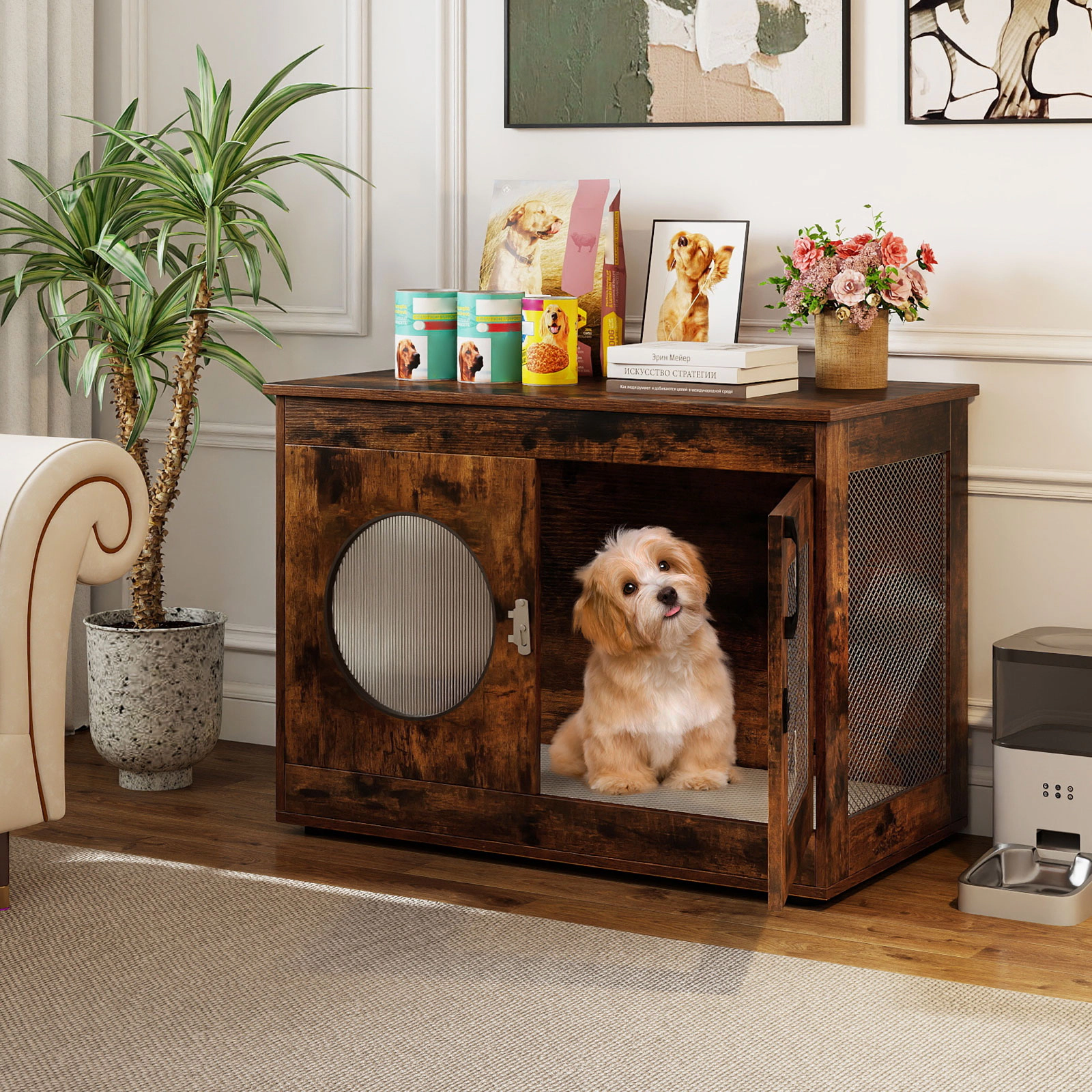 SUGIFT Rustic Brown Furniture Dog Crate with PC Window 32.5-in W 18.5-in D 23.5-in H 100-lb Tabletop Capacity