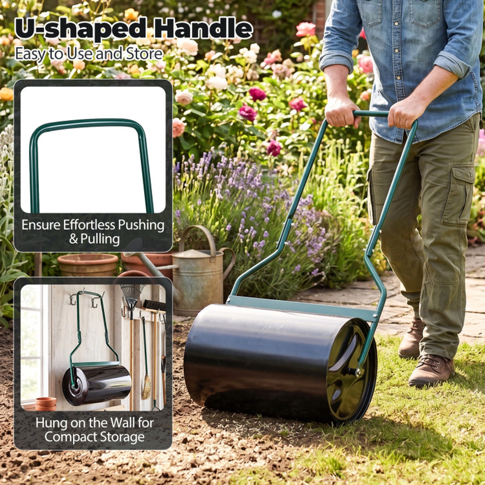 SUGIFT Large Fillable Drum Lawn Roller 12-Gallon Water Or Sand Capacity U-Shape Handle Black