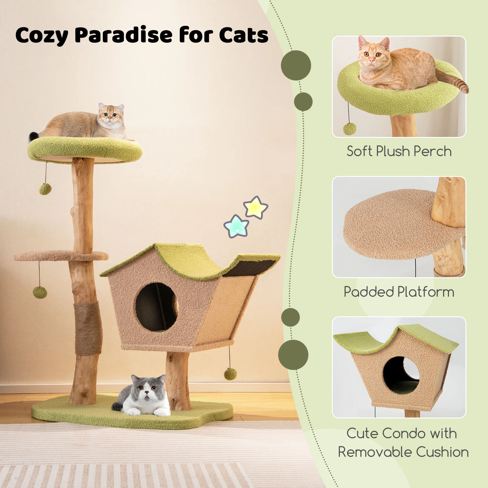 Glintex 43-Inch Pear Wood Cat Tree with Vented 2-Entry Condo and Jute Posts, Green