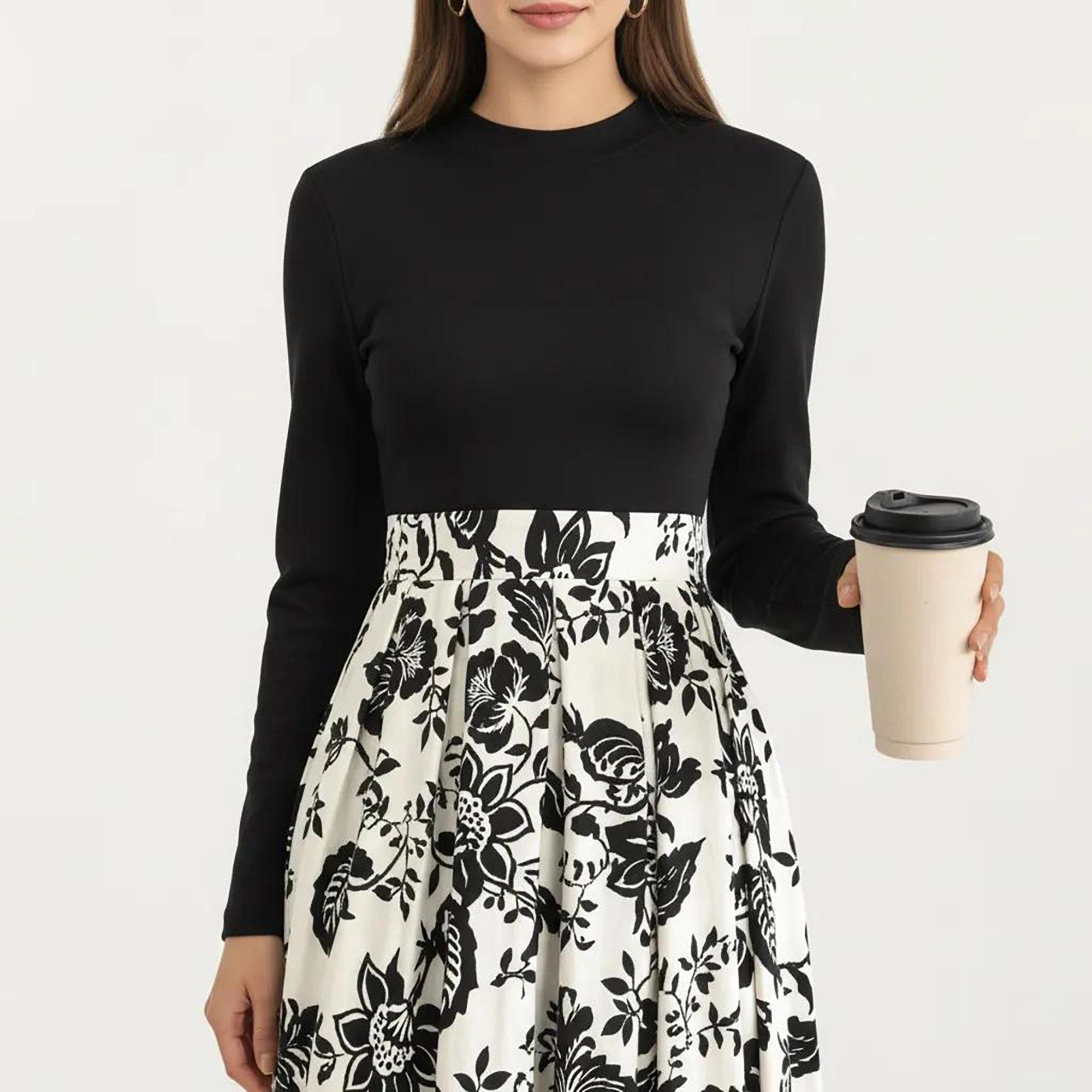 Anna-Kaci Women's Long Sleeve Mixed Media Fitted Bodice Floral Print Midi Dress