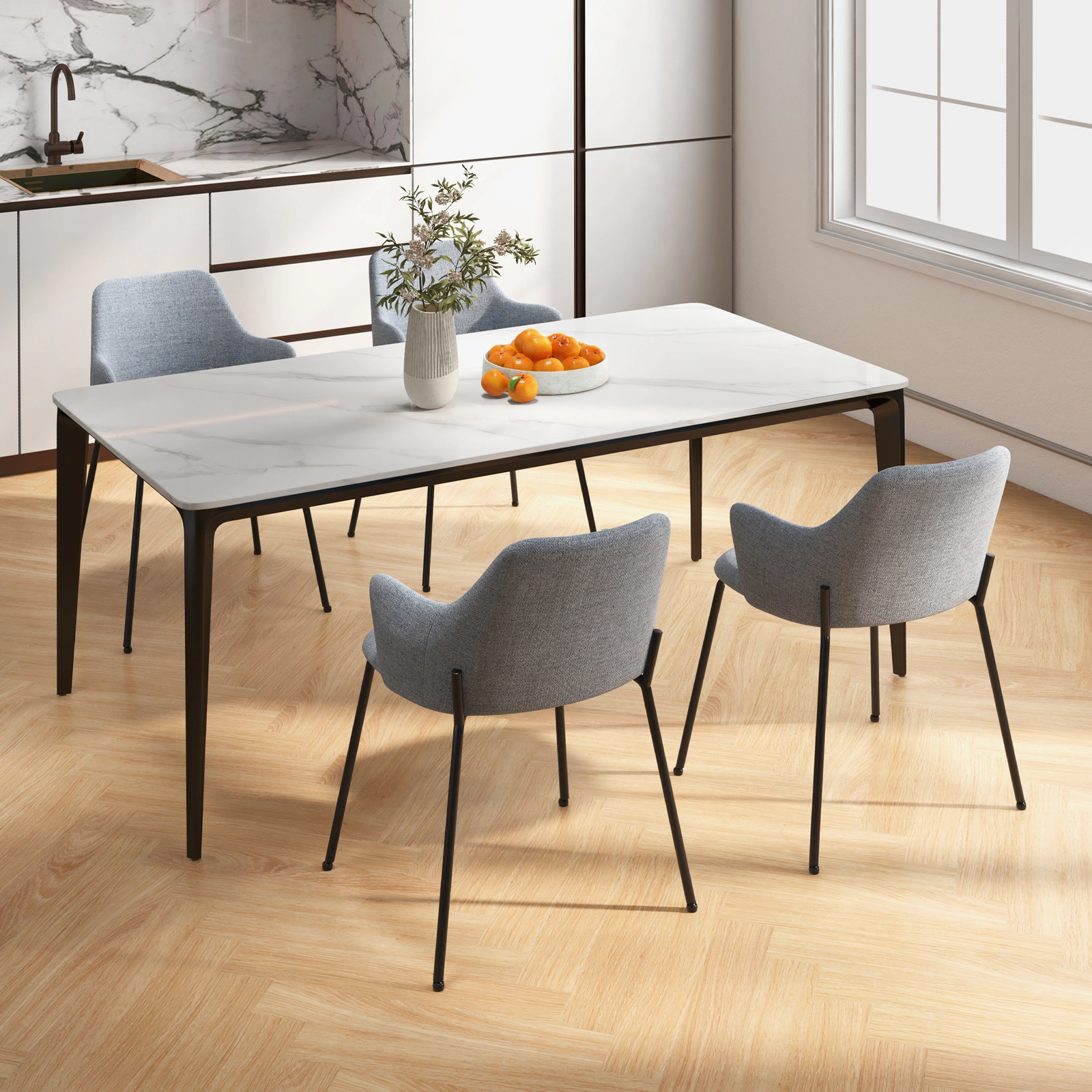 SUGIFT Gray Curved Backrest Wide Seat Armrests and Metal Frame Set of 2 Dining Chairs