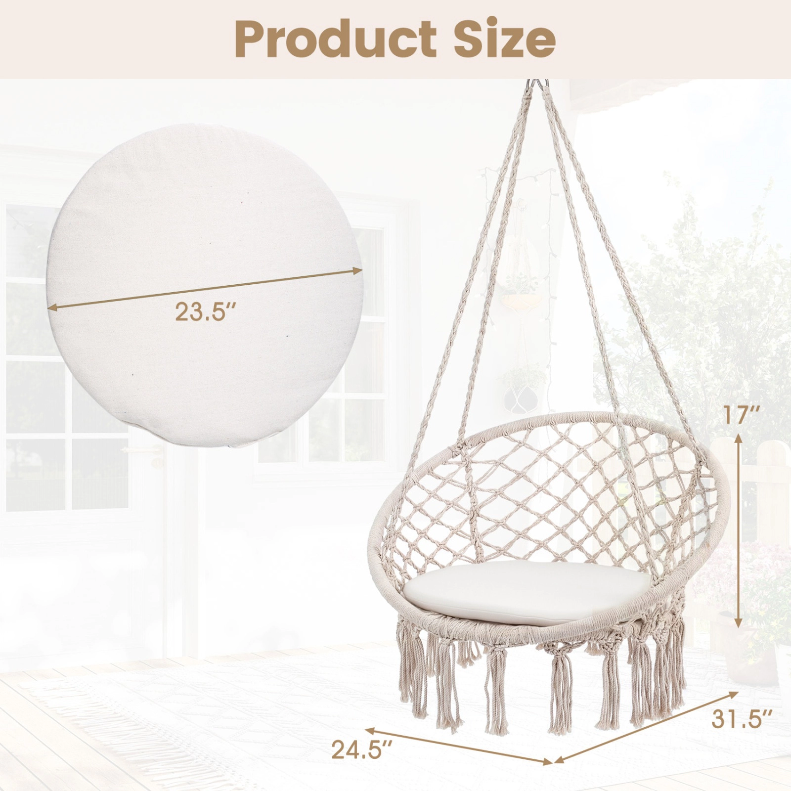 SUGIFT Macrame Swing Chair Hammock Chair with Round Seat Cushion 330-lb Capacity Beige