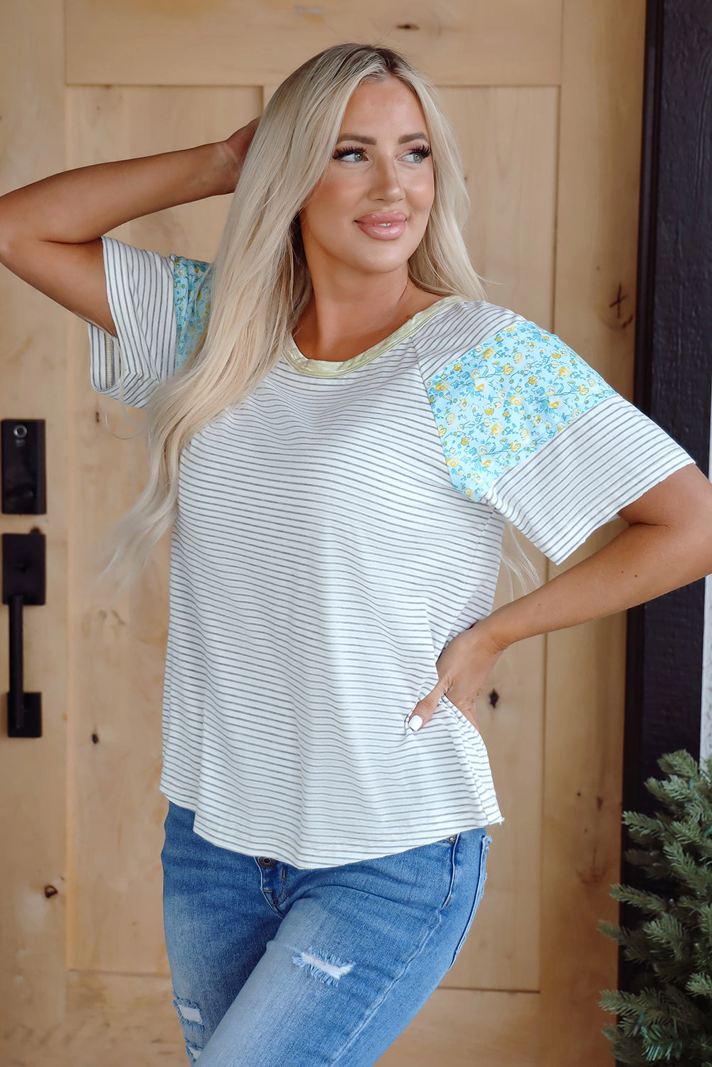 Threaded Pear Women's Chana Stripe Floral Sleeves Top