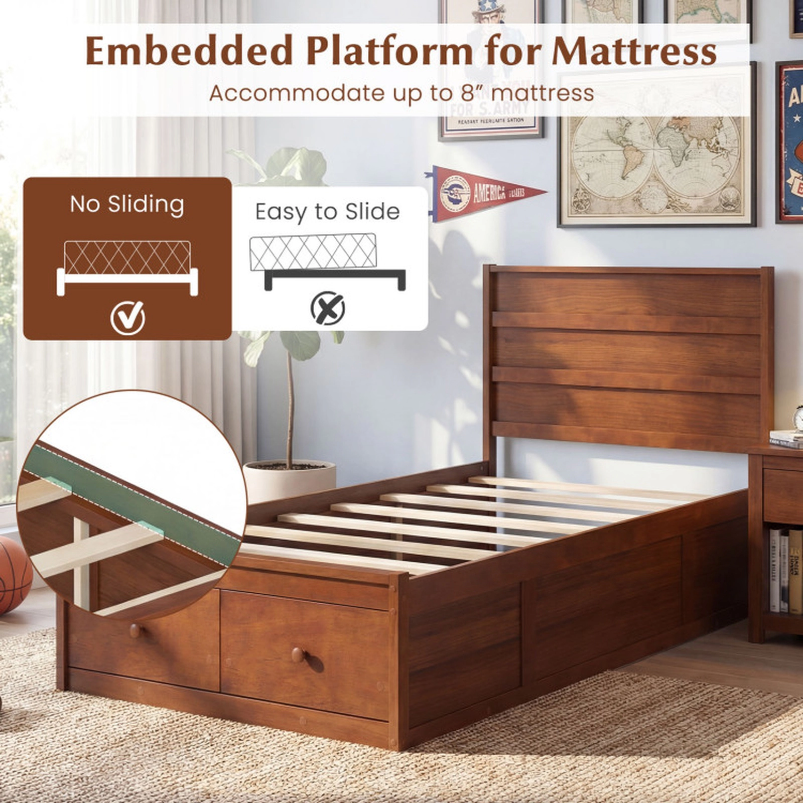SUGIFT Twin Size Platform Bed Frame with 2 Storage Drawers 350-lb Bed Capacity Walnut