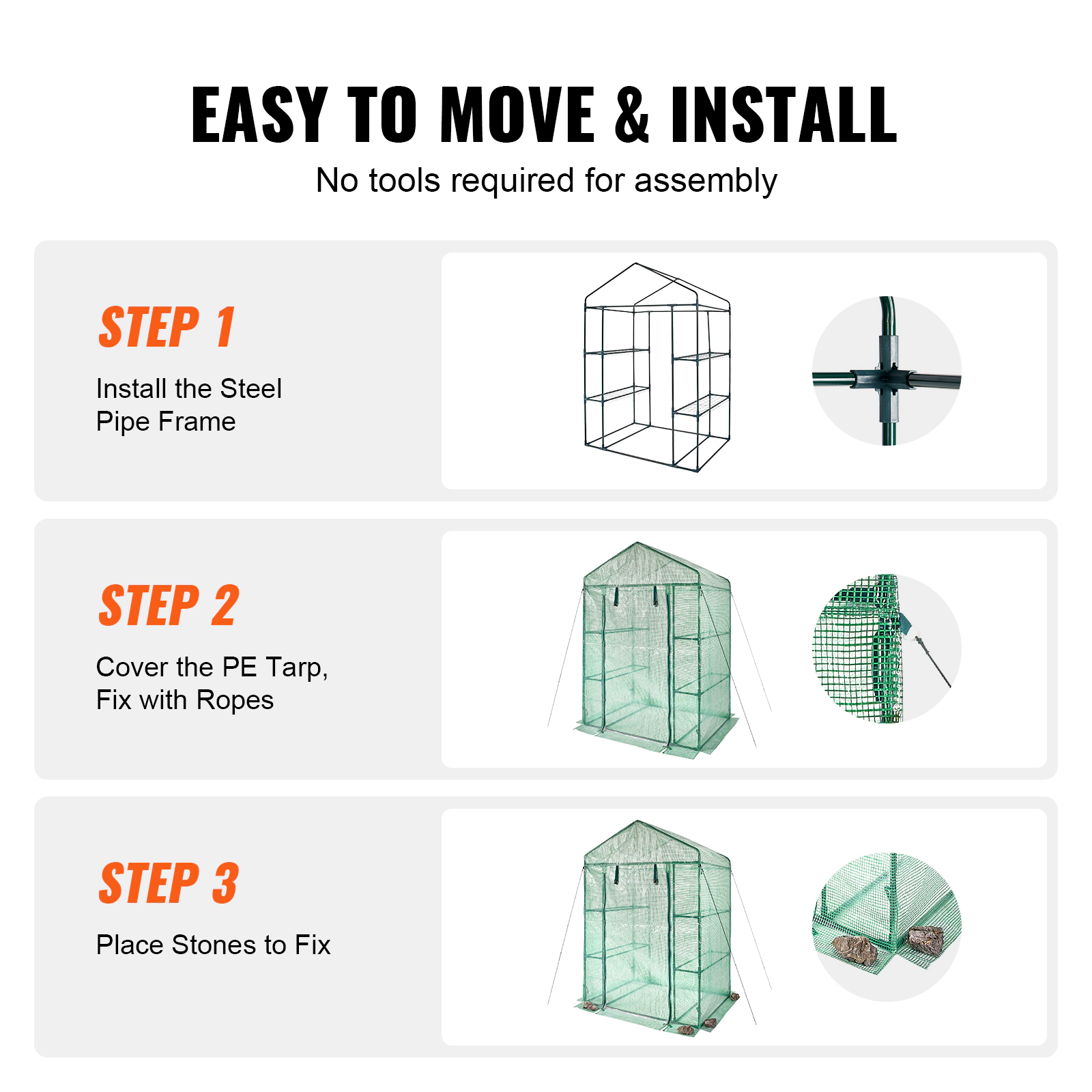 HONGGE Walk-In Greenhouse, 4.6 x 2.4 x 6.7 ft, Steel Frame with 4 Shelves & Roll-Up Zipper PE Cover