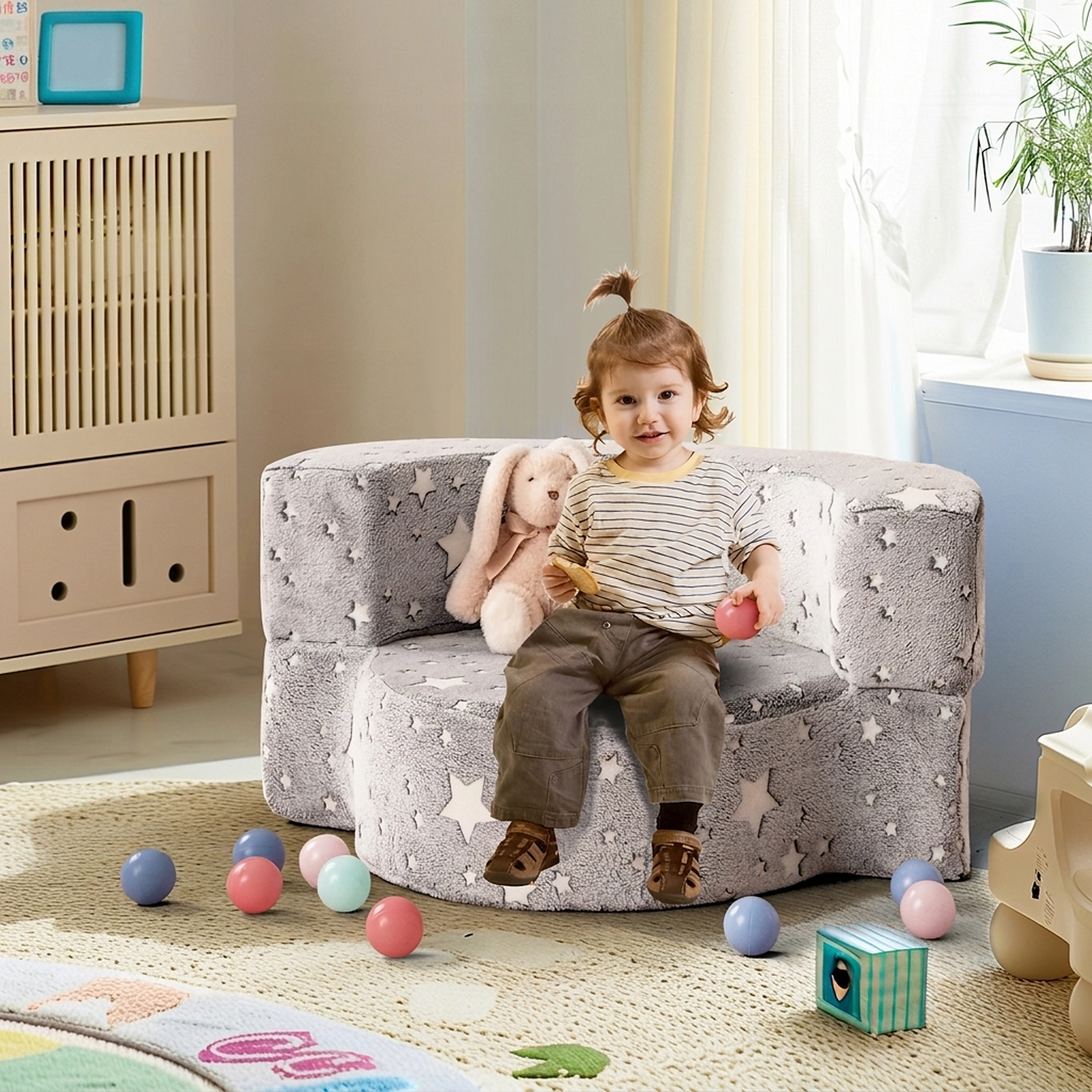 SUGIFT Gray 2-in-1 Toddler Couch with Glow-in-the-Dark Stars