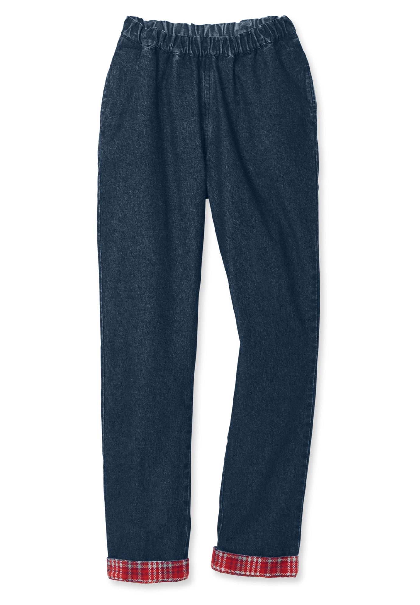 Woman Within Plus Elastic-Waist Cotton Straight Leg Denim Pant with Flannel Lining