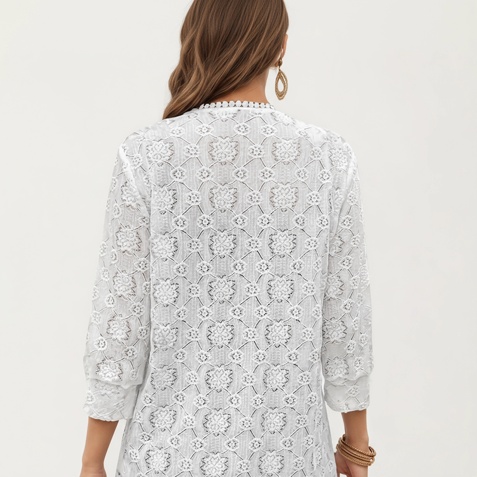 Anna-Kaci Women's 3/4 Sleeve Open Front Lace Cardigan with Floral Crochet Detailing