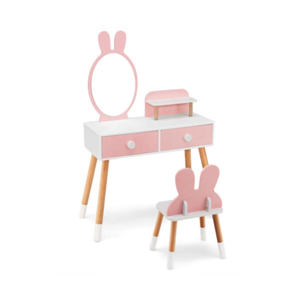 Hivvago Kids Vanity Table And Chair Set With Drawer Shelf Rabbit Mirror