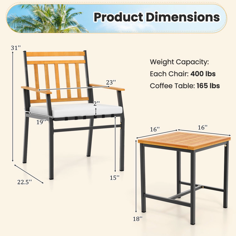 Hivvago 3 Pieces Outdoor Furniture Set Acacia Wood Patio Conversation Set With Cushions-White