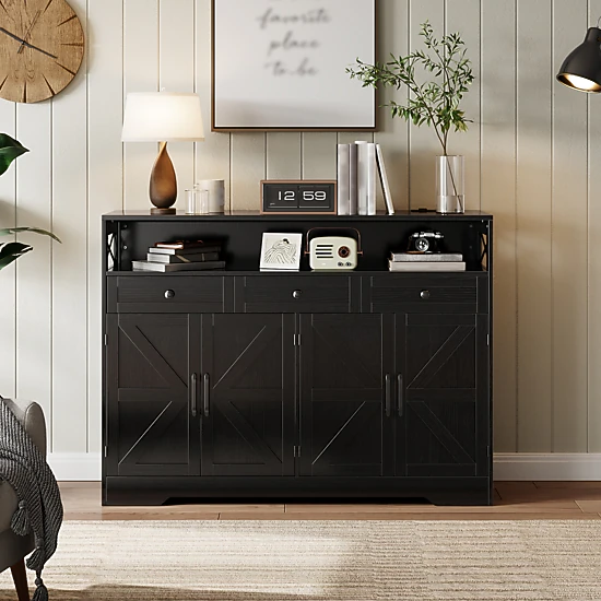 BebreezChic 51" Farmhouse Buffet Cabinet, Charging Station, 3 Drawers, 4 Barn Doors