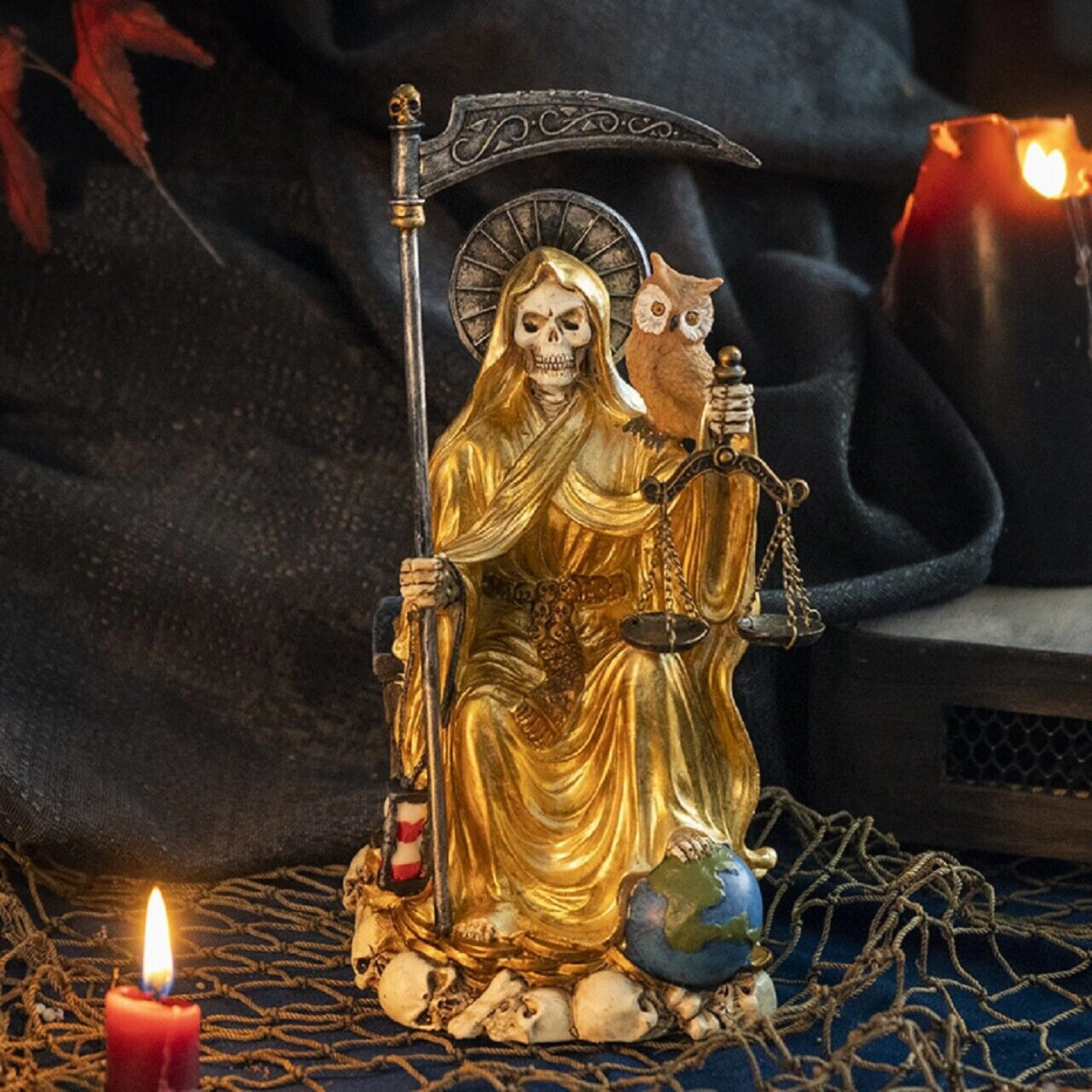 Pacific Giftware Sitting Santa Muerte in Gold Gown with Owl and Scale Figurine 9 Inch