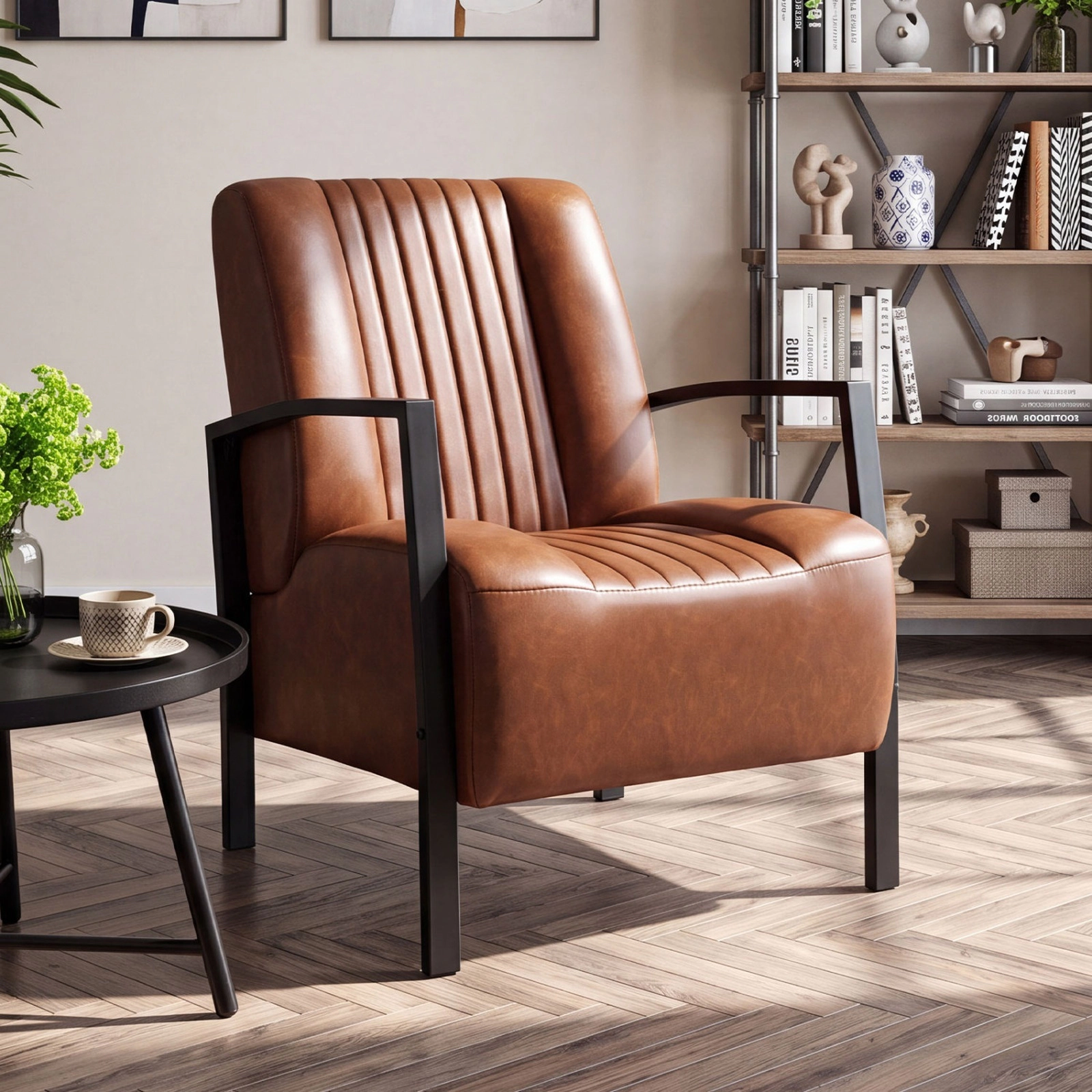 SUGIFT Brown PU Leather Accent Lounge Chair with S-Spring Seat and Metal Legs