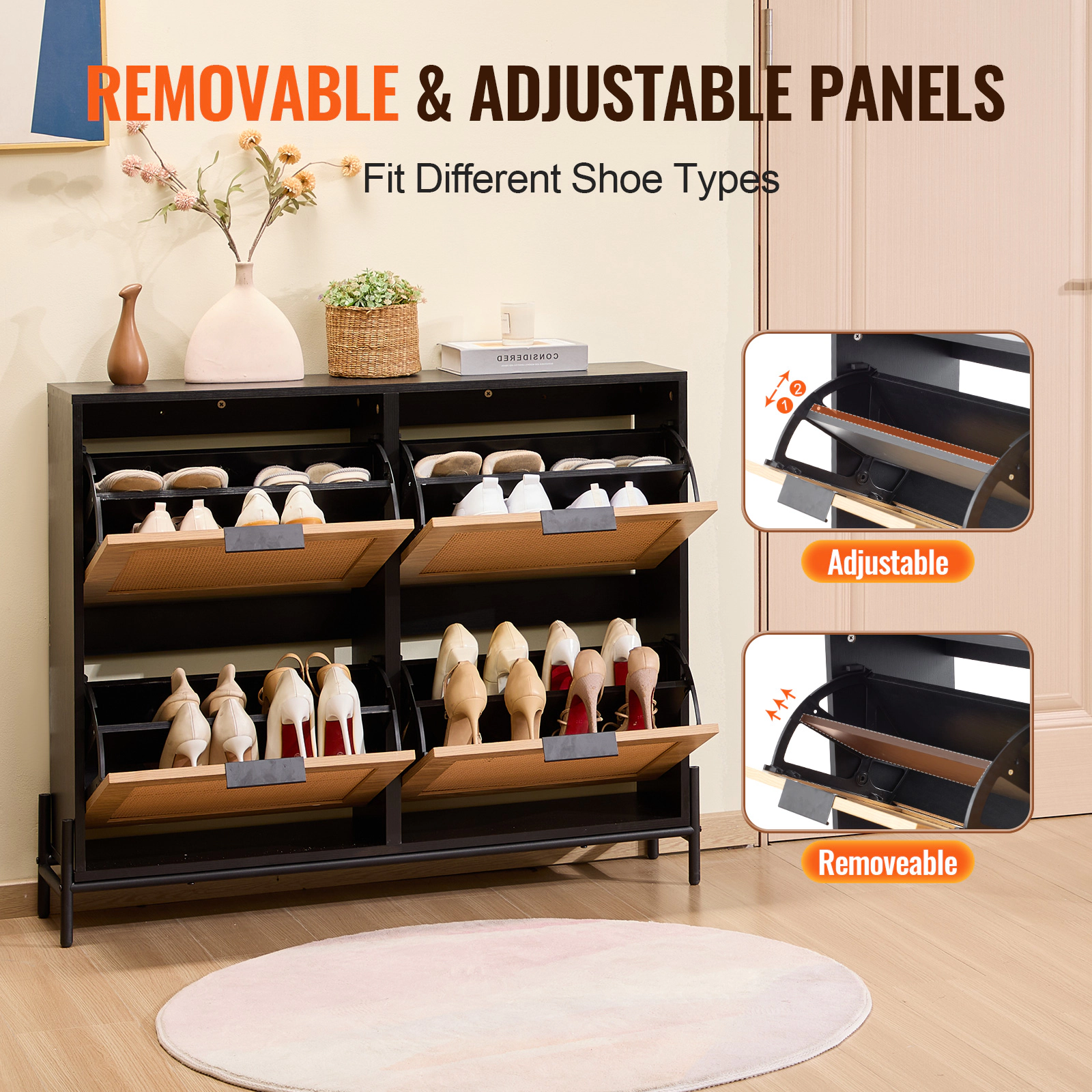 HONGGE Narrow Rattan Shoe Cabinet with Flip Drawers, Slim Entryway Storage Organizer with Metal Legs for Closet Hallway