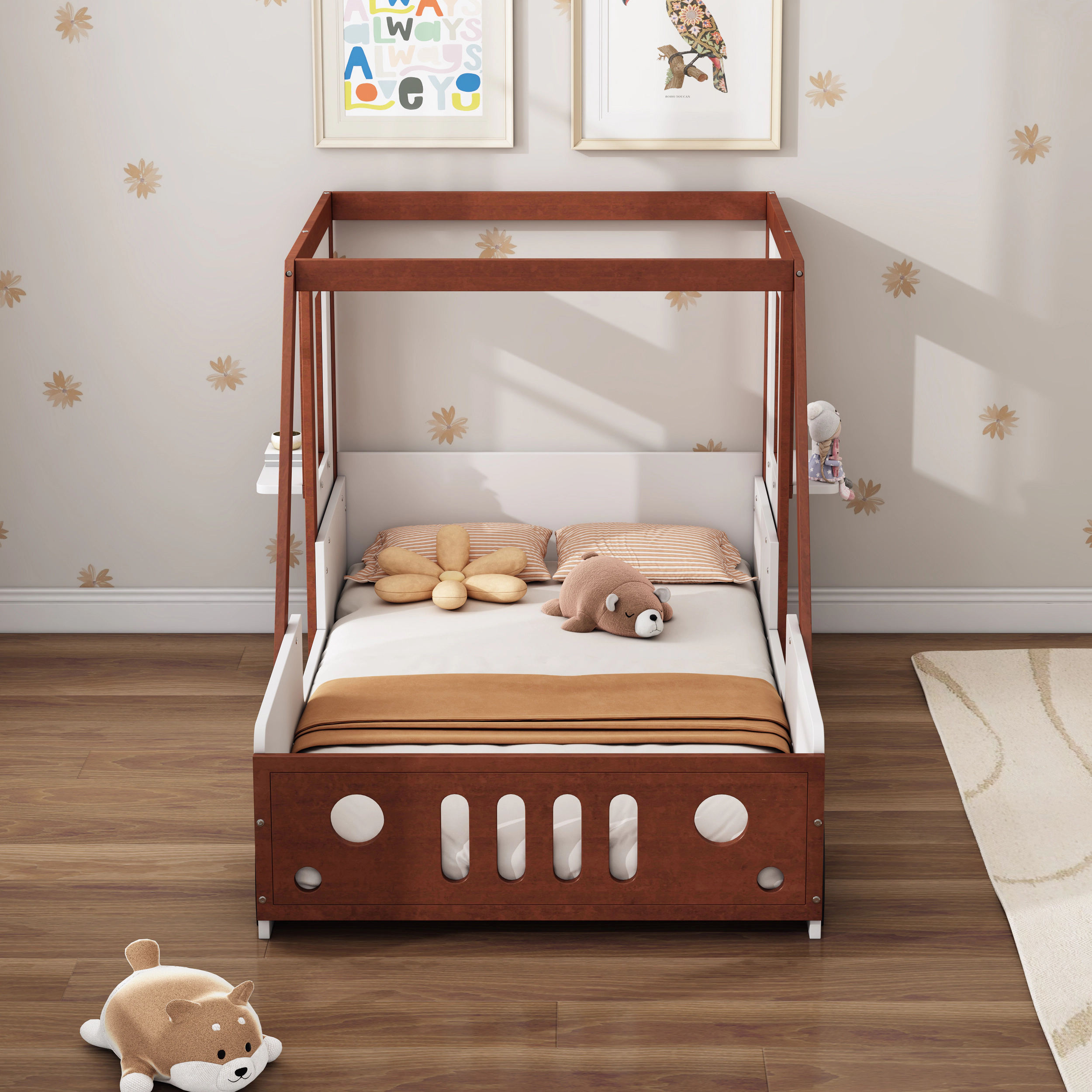 Flynama Twin Car-Shaped Kids Platform Bed, Fun Play Design, White & Orange
