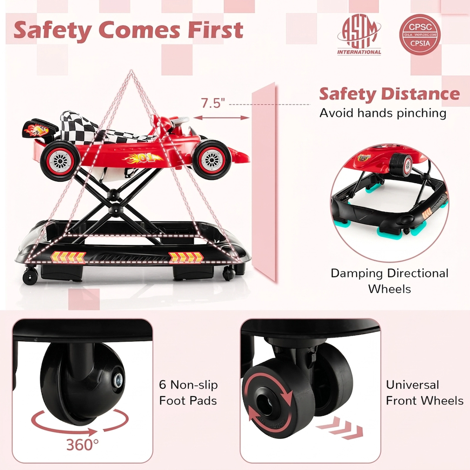 SUGIFT Red 3 Adjustable Height Settings and Music Plate Convertible Baby Walker