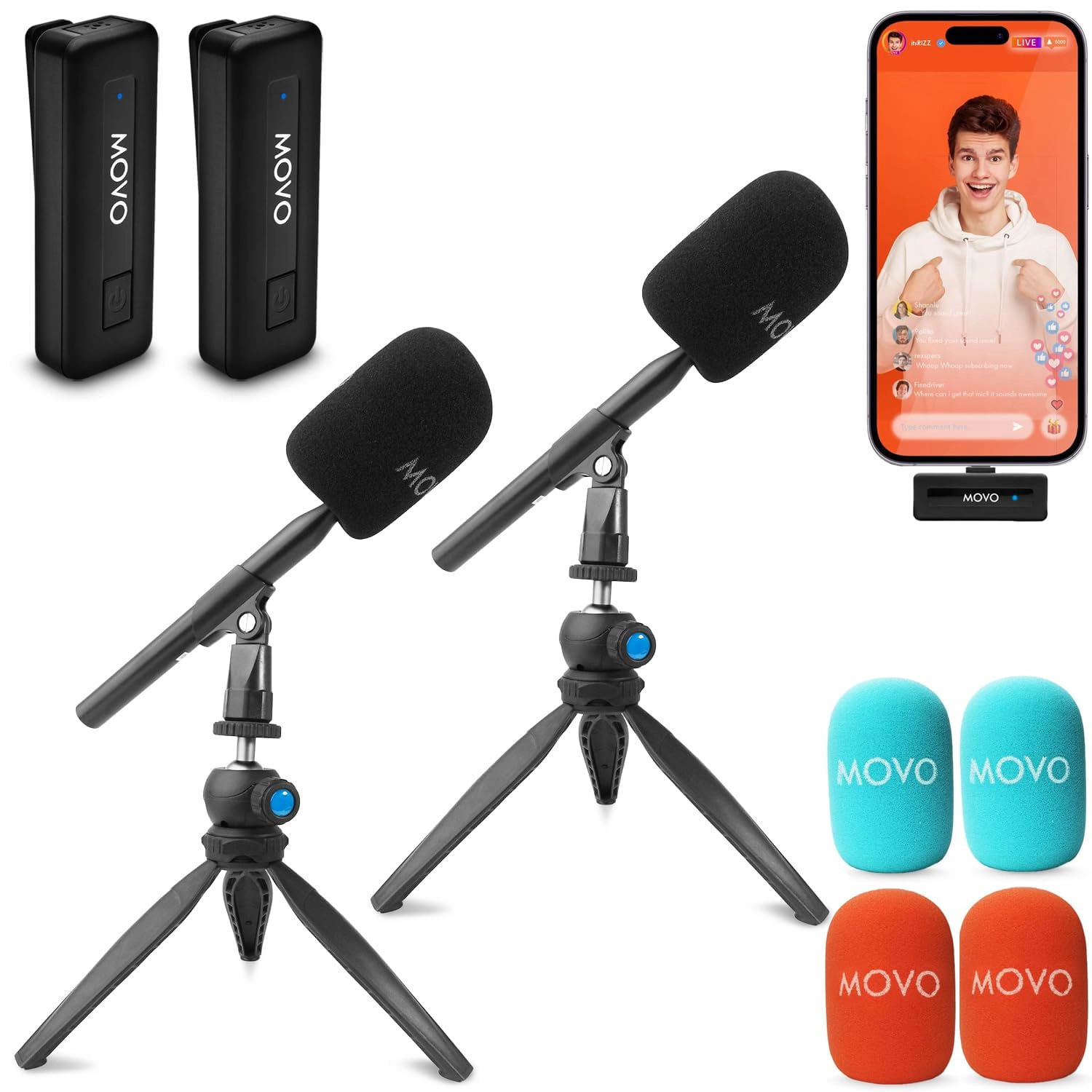 Movo Wireless Mini DI-Duo Wireless Microphone for iPhone Podcast Equipment Bundle with WMX-HM Handle/Desktop Mic St