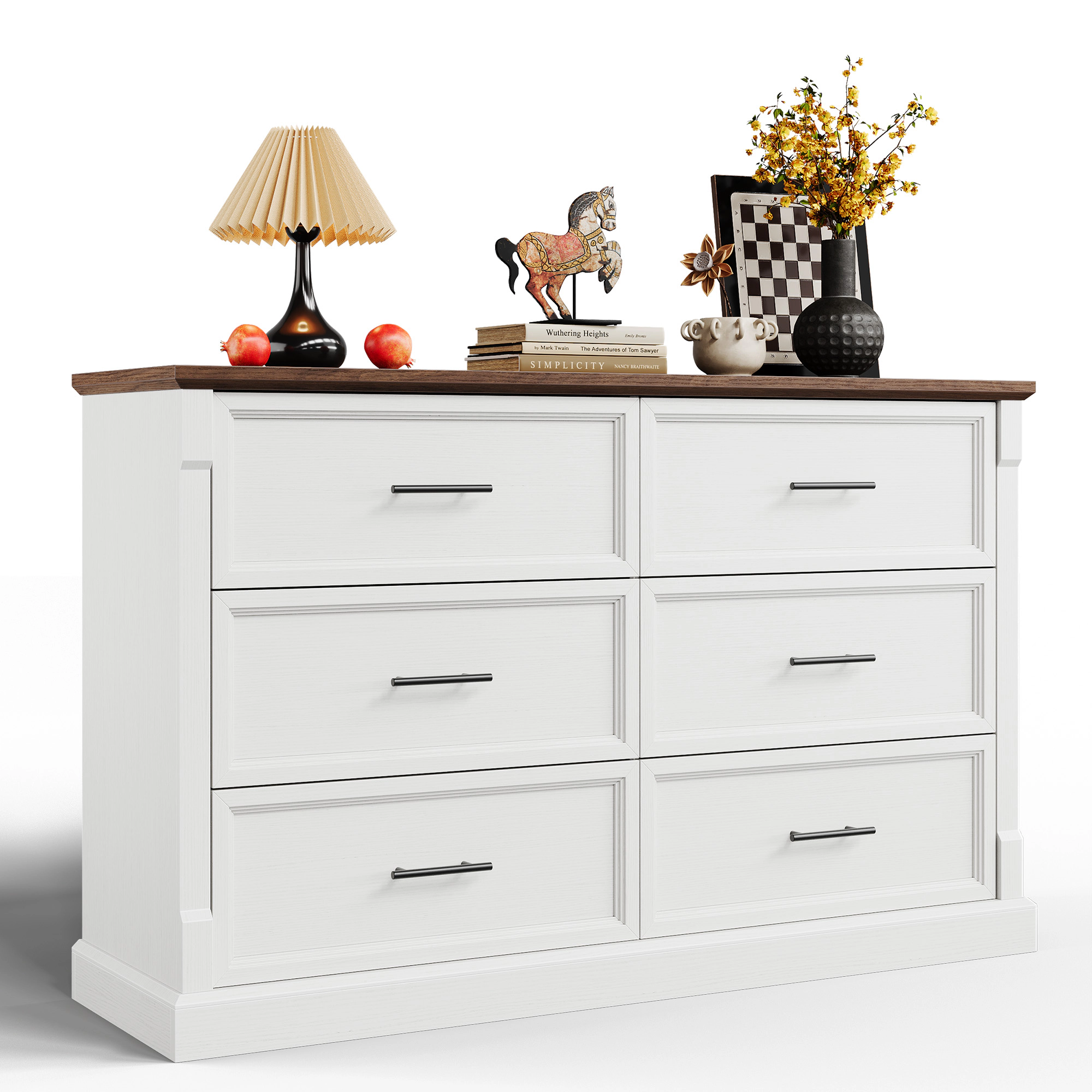 Farmhouse 6 Drawer Dresser for Bedroom, Rustic Wood Chest with Metal Handles, Large Organizer