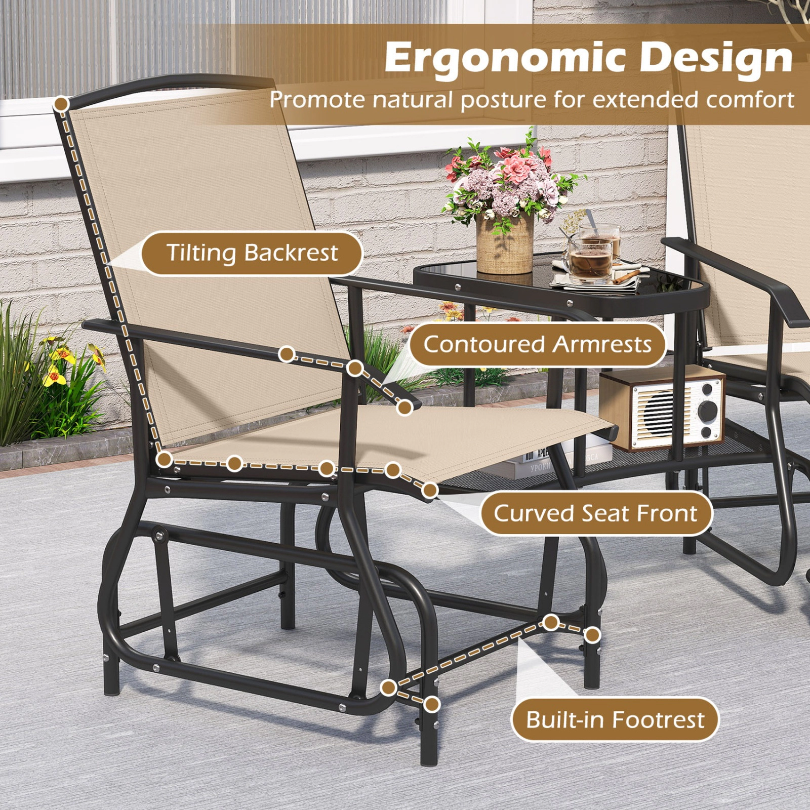 SUGIFT Beige 2-Seat Outdoor Metal Glider Bench with Independent Rocking Seats and 2-Tier Table