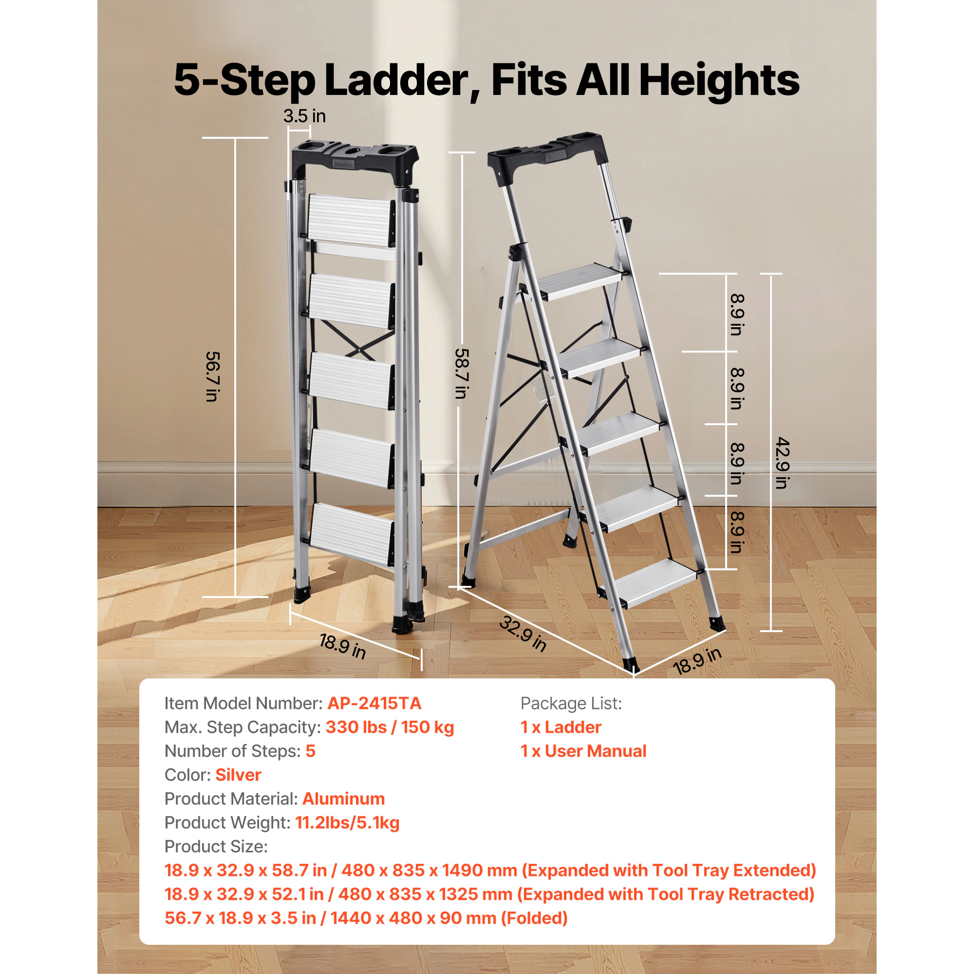 HONGGE Ladder Folding Step Stool with Wide Anti-Slip Pedal and Comfort Handgrip 330 lbs Capacity Portable Aluminum