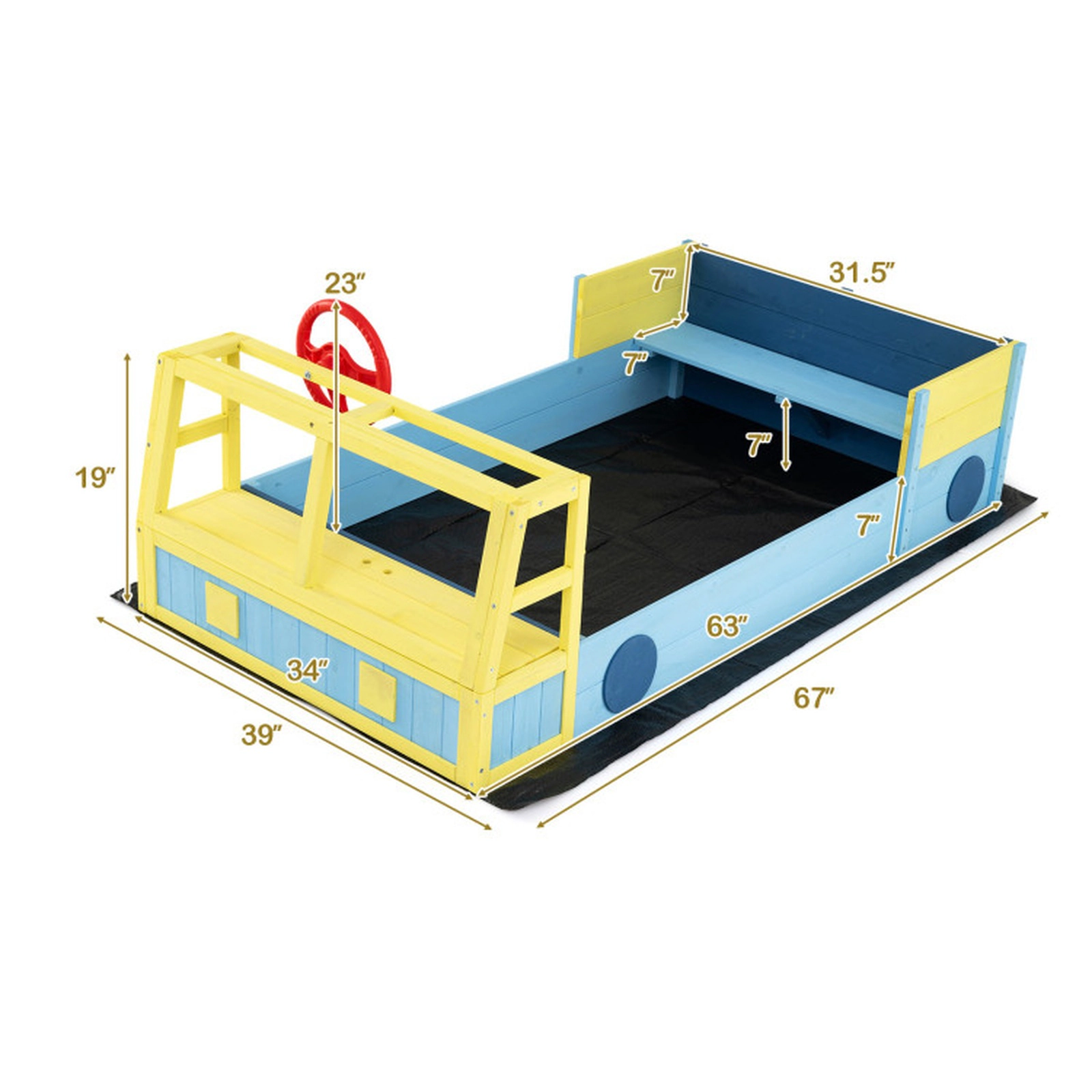 SUGIFT Blue Bottom Liner Bench Seat and Fir Wood Frame Large Car-Theme Kids Sandbox