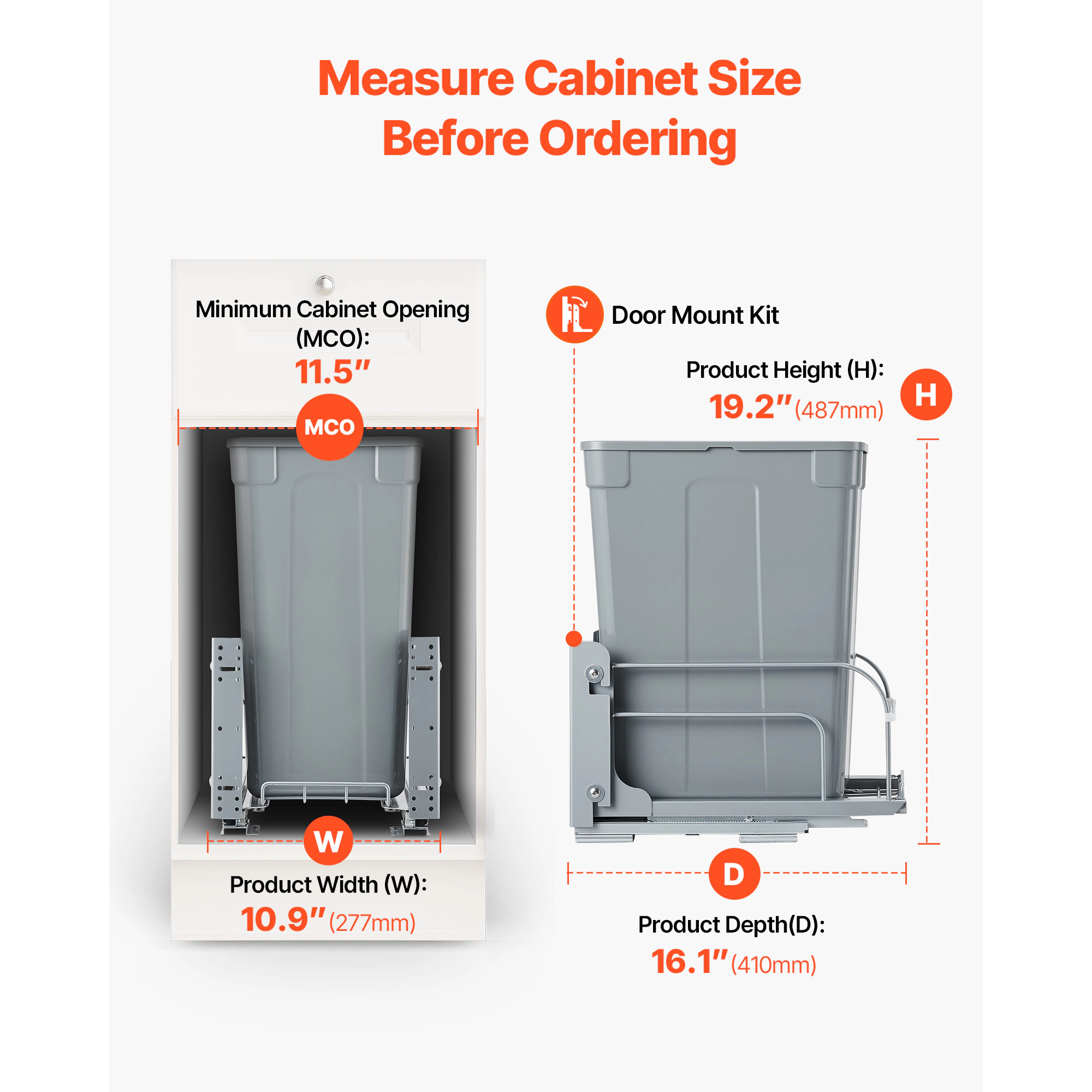 HONGGE Pullout Trash Can for Kitchen Cabinets 35 QT Garbage Waste Recycling Bin Under Mount Waste Container with Heavy