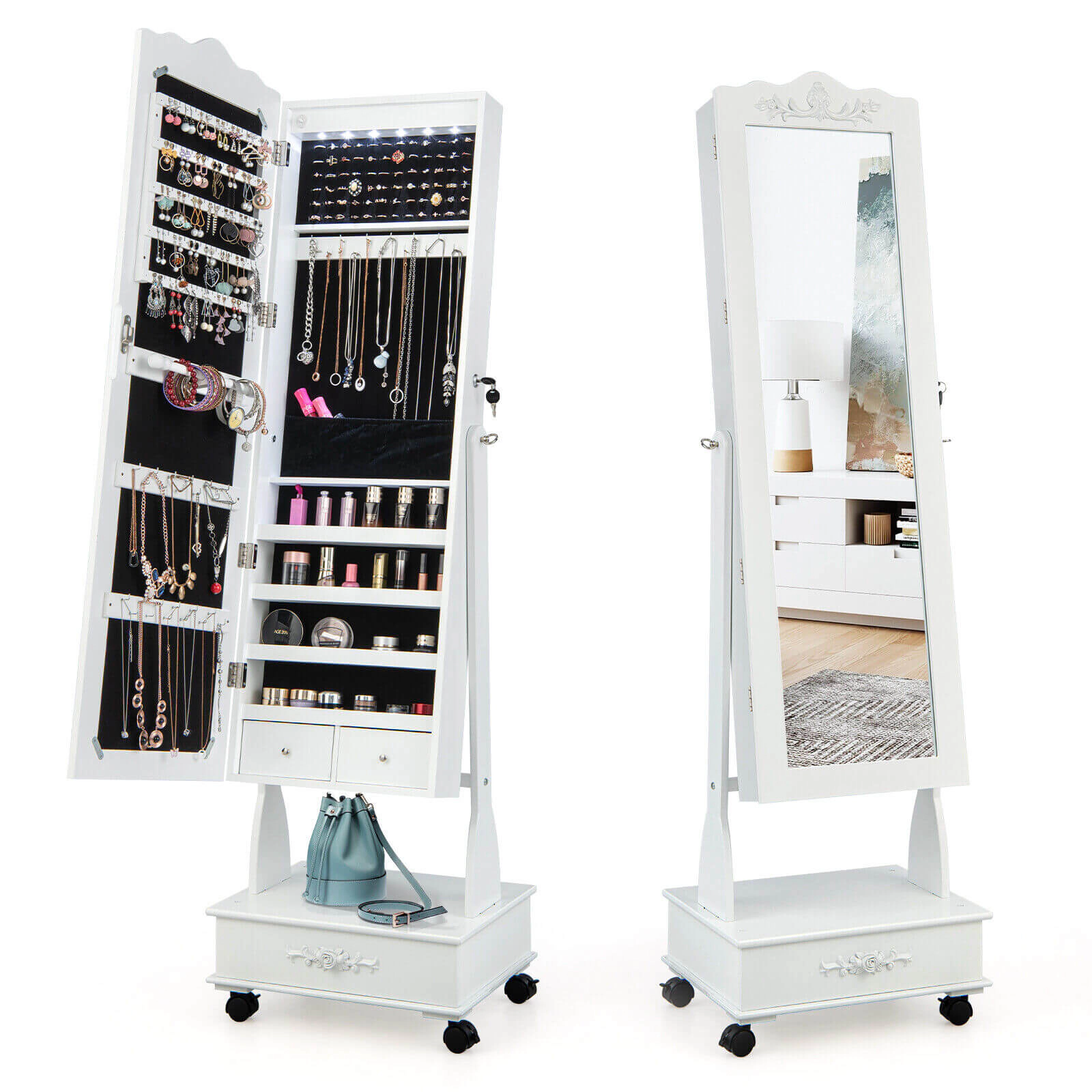 LJG Rolling Floor Standing Mirrored Jewelry Armoire with Lock and Drawers