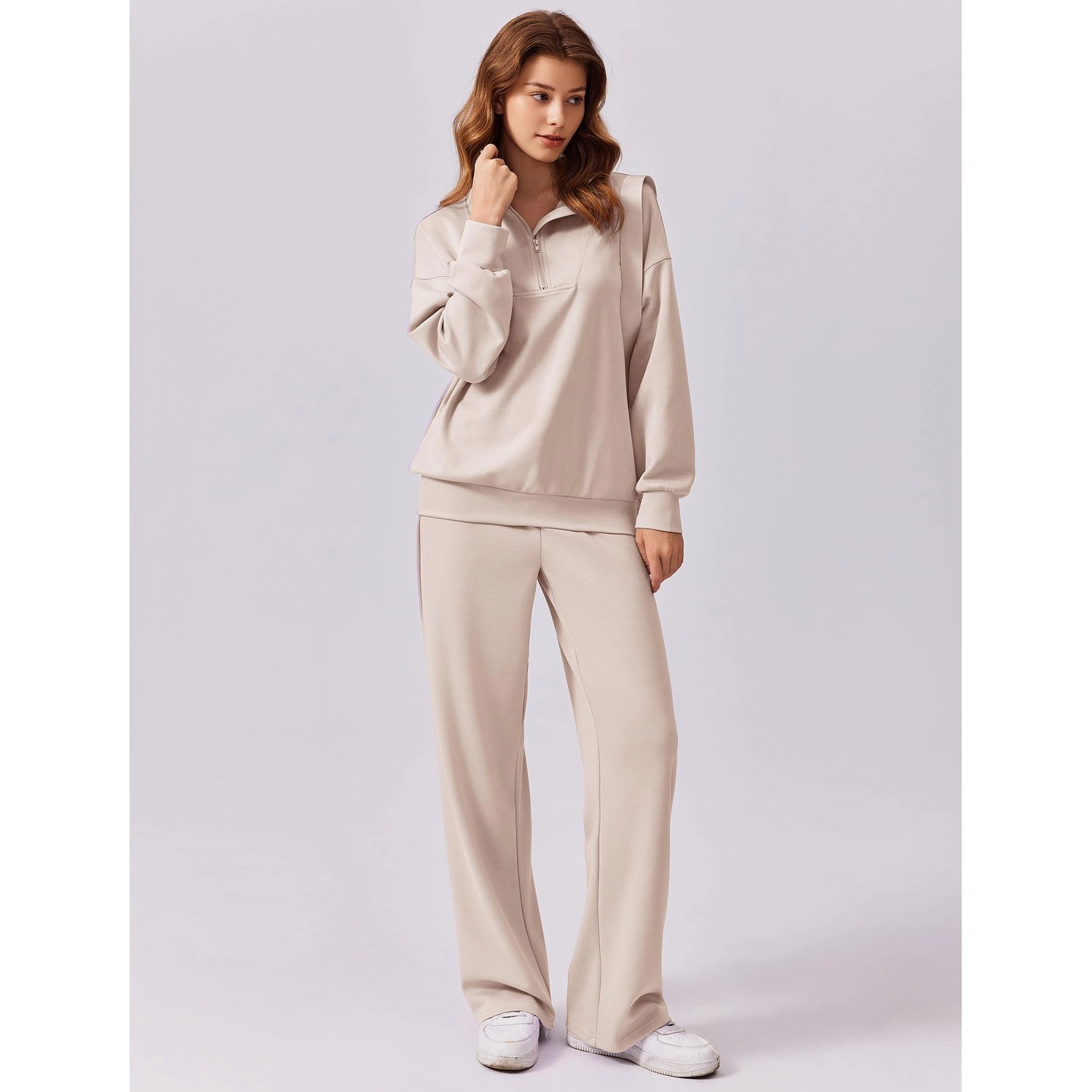 Pinspark Womens Casual Half Zip Sweatshirt Sets Long Sleeve Wide Leg Pants Loungewear