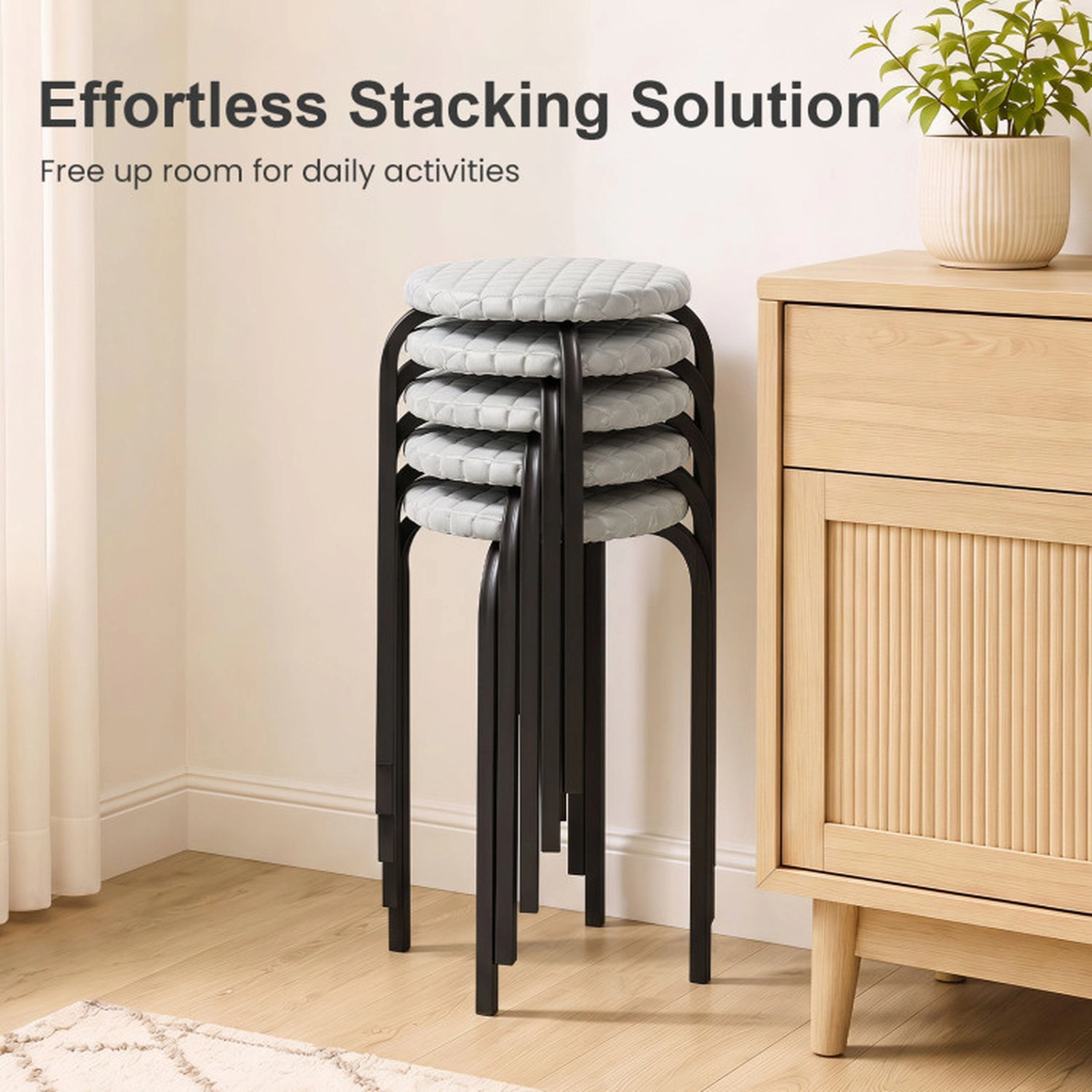 SUGIFT Stackable Round Stools with Removable Washable Covers 330-Lb Capacity Rustic Brown and Black with Gray Covers
