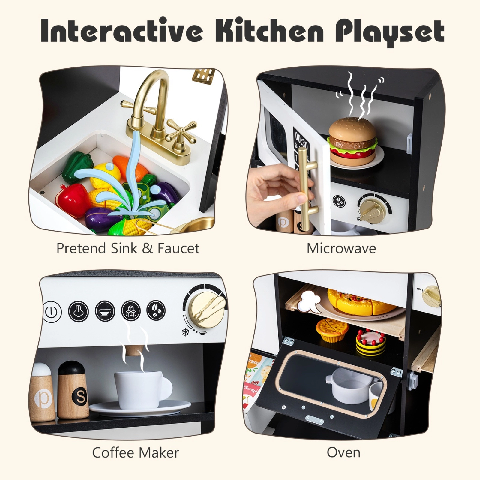 SUGIFT Black Ice Machine Coffee Maker and Realistic Lights Kids Wooden Play Kitchen