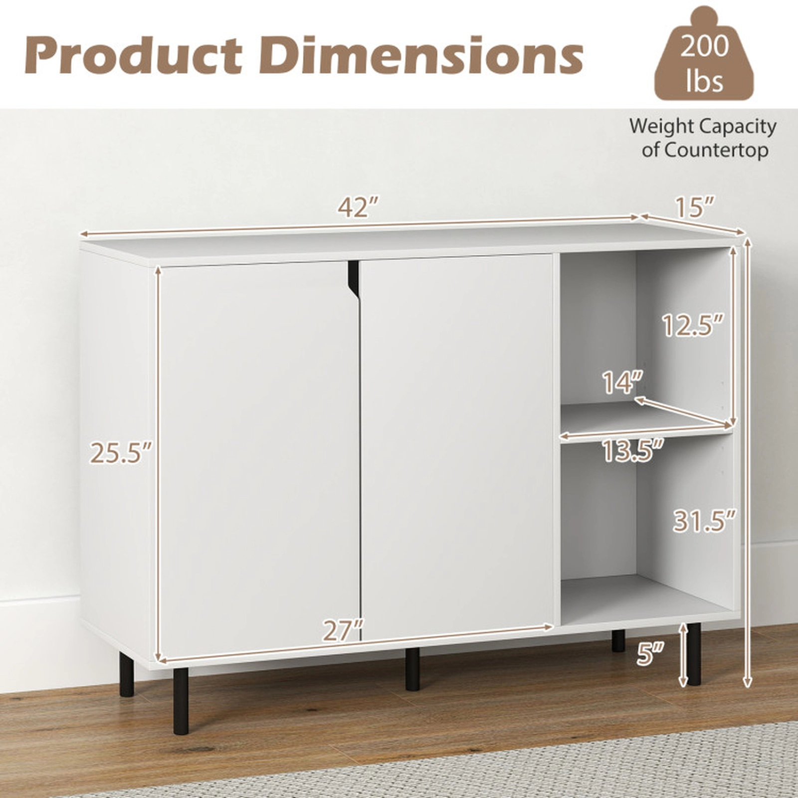 SUGIFT 42-in 200-lb Countertop White Sideboard Buffet Cabinet with 5-Level Adjustable Shelves and Metal Legs