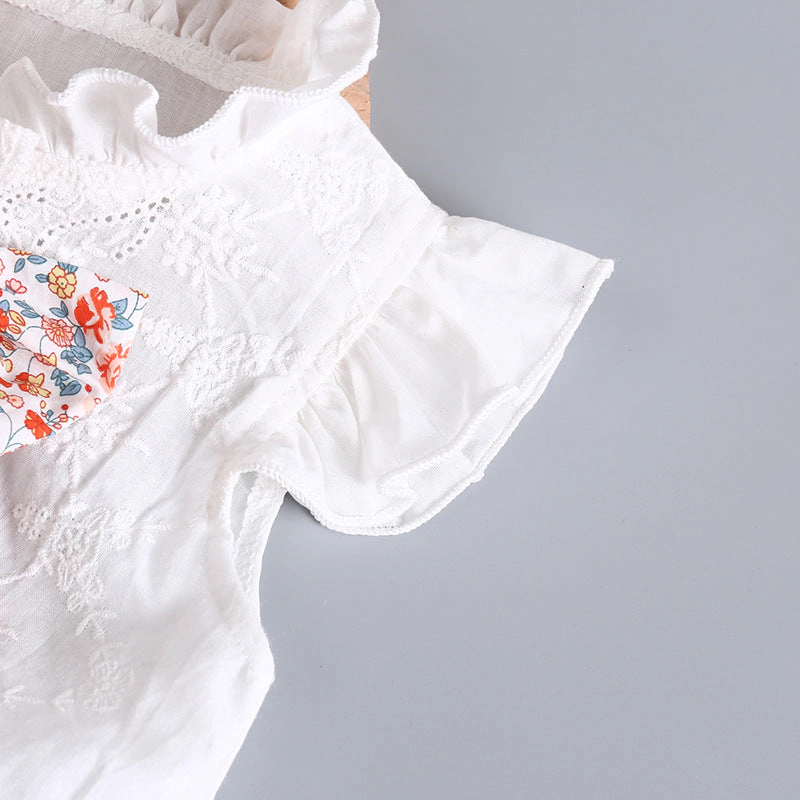 MyKids-USA Baby Girl Embroidery Pattern Round Neck Mullet Design Sleeveless Cardigan Onesies With Bow Decorations