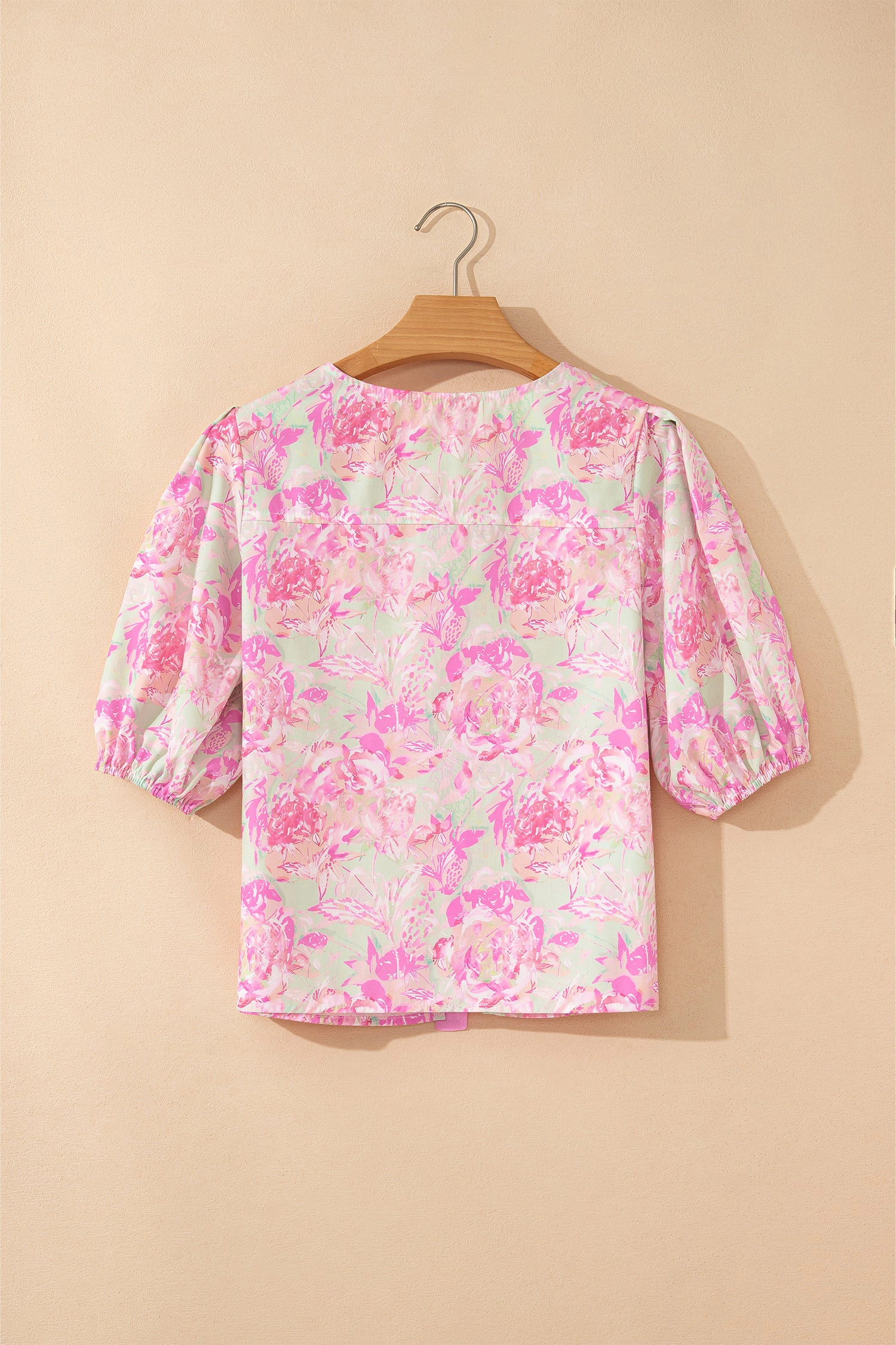 Threaded Pear Womens Ayla Short Puff Sleeve Blouse - Floral Pink