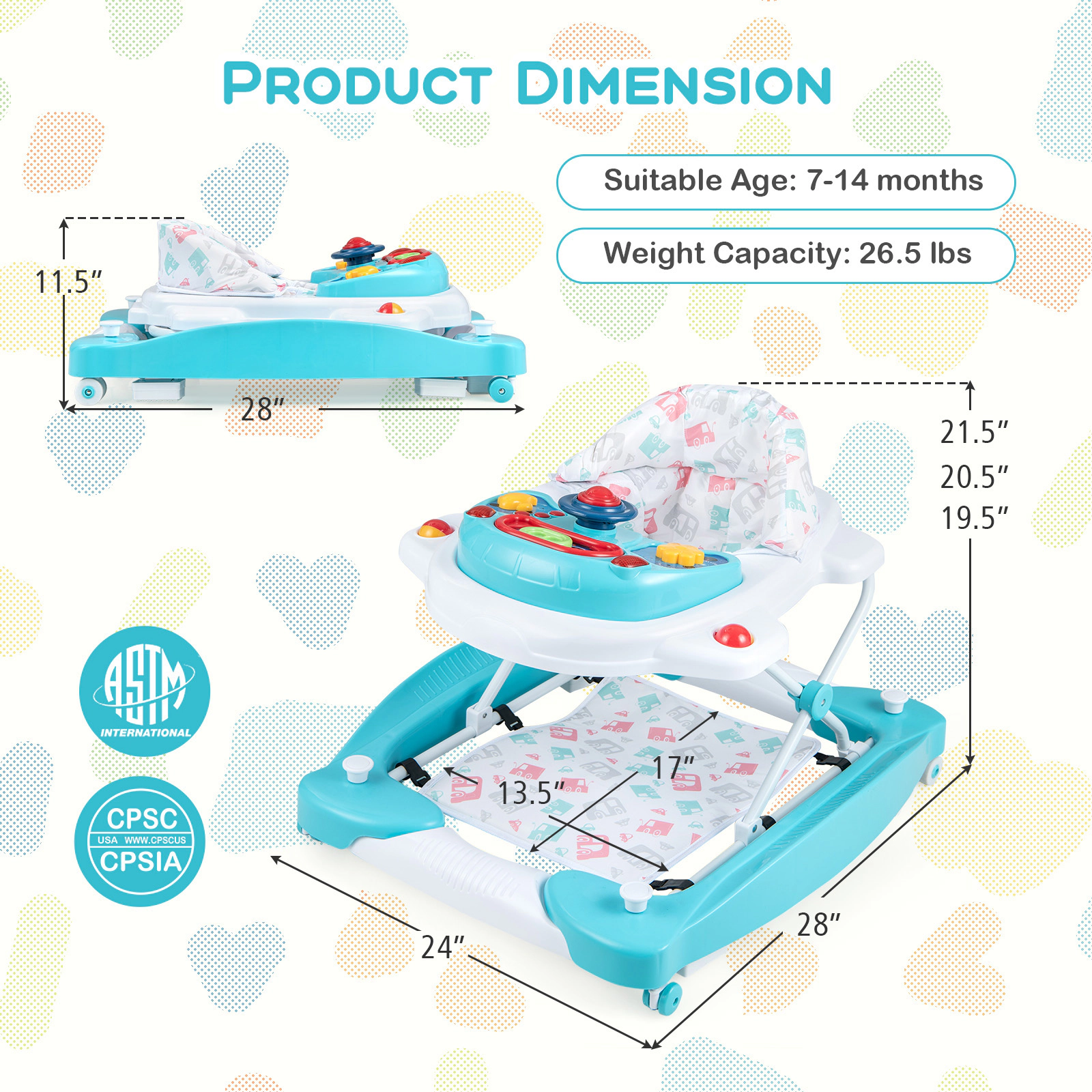 SUGIFT 6-in-1 Foldable Baby Walker with Adjustable 3-Position Height 26.5-lb Capacity Ages 6-14 Months Green