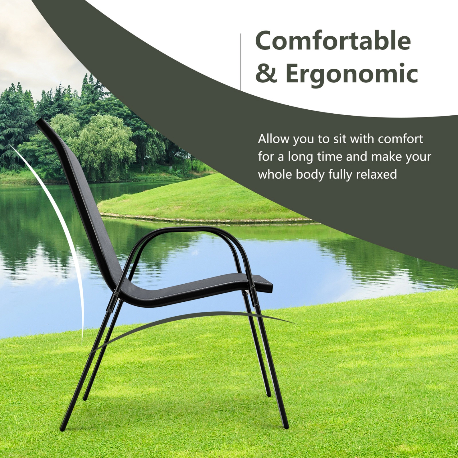 SUGIFT Set of 2 Grey Stackable Outdoor Patio Dining Chairs, Anti-Rust Steel Frame