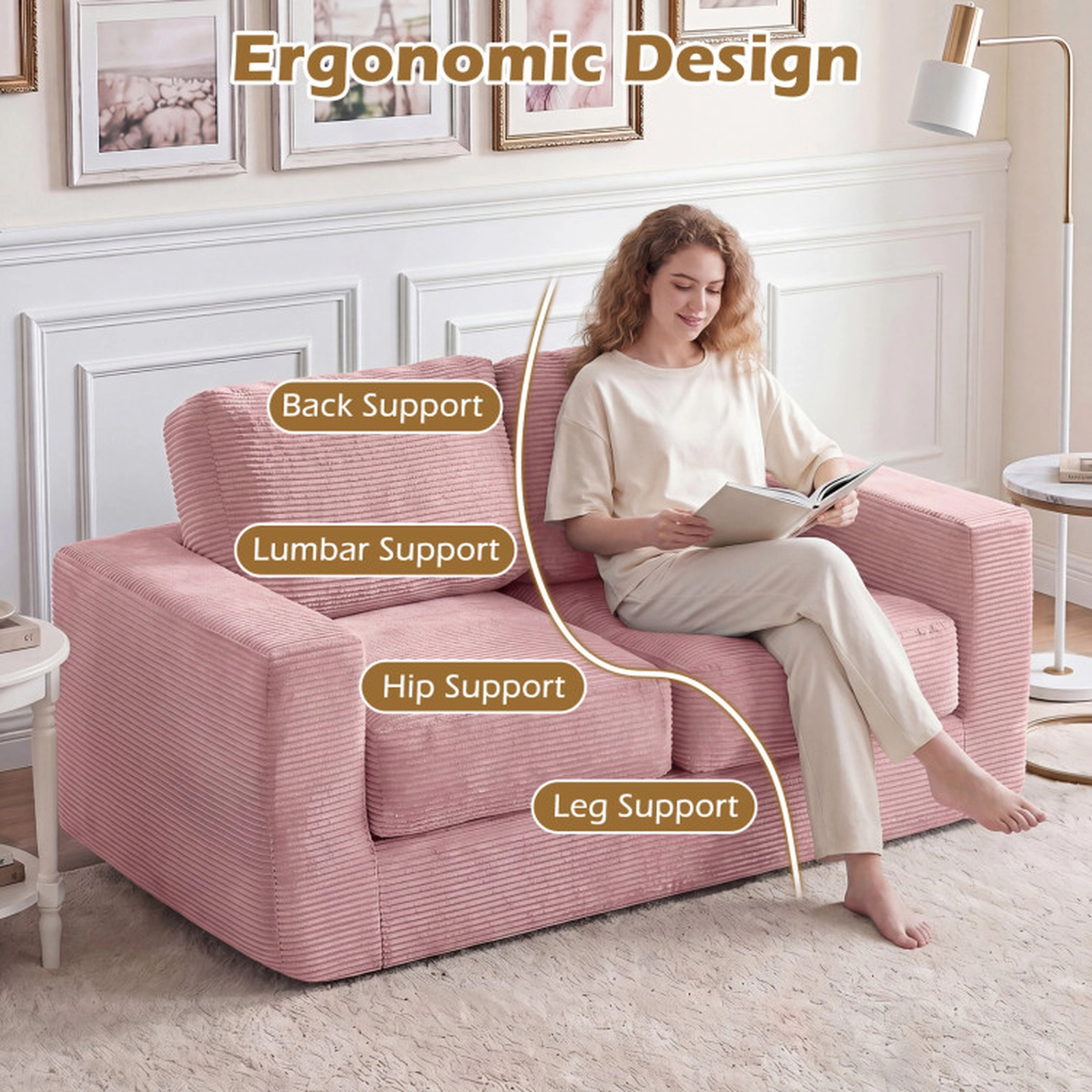 SUGIFT 2-Seater Floor Couch Loveseat Foam Sofa with Removable Corduroy Cover 660-lb Capacity 62-in Frame Pink