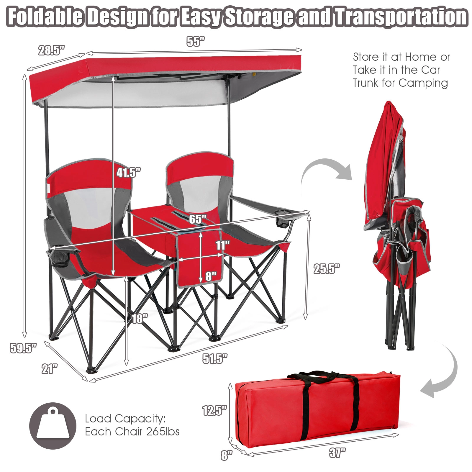 SUGIFT Portable Folding Camping Canopy Chairs with Cooler Bag and Cup Holder 265-lb Capacity Red Turquoise Blue