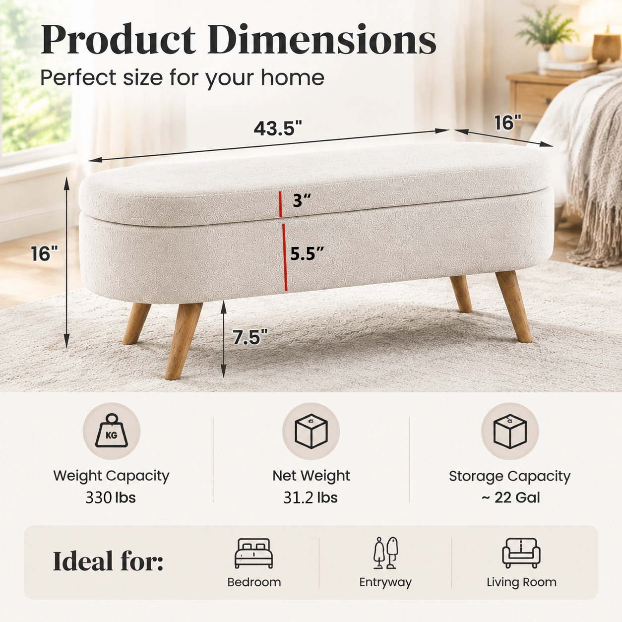 RENDGO 43.5 in Storage Ottoman Bench for Bedroom Living Room Window Beige with Safety Hinge Bed End Bench