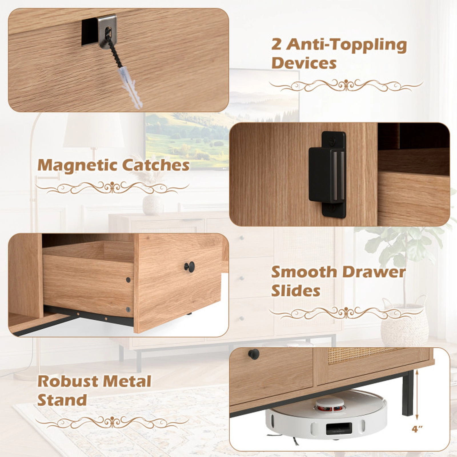 SUGIFT Rattan Door Sideboard Buffet Cabinet Coffee Bar Table 110-lb Tabletop Capacity Brown/Natural