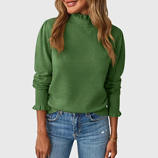 YesFashion Women's Ruffle Mock Neck Sweater Casual Long Puff Sleeve Soft Knit Pullover Tops