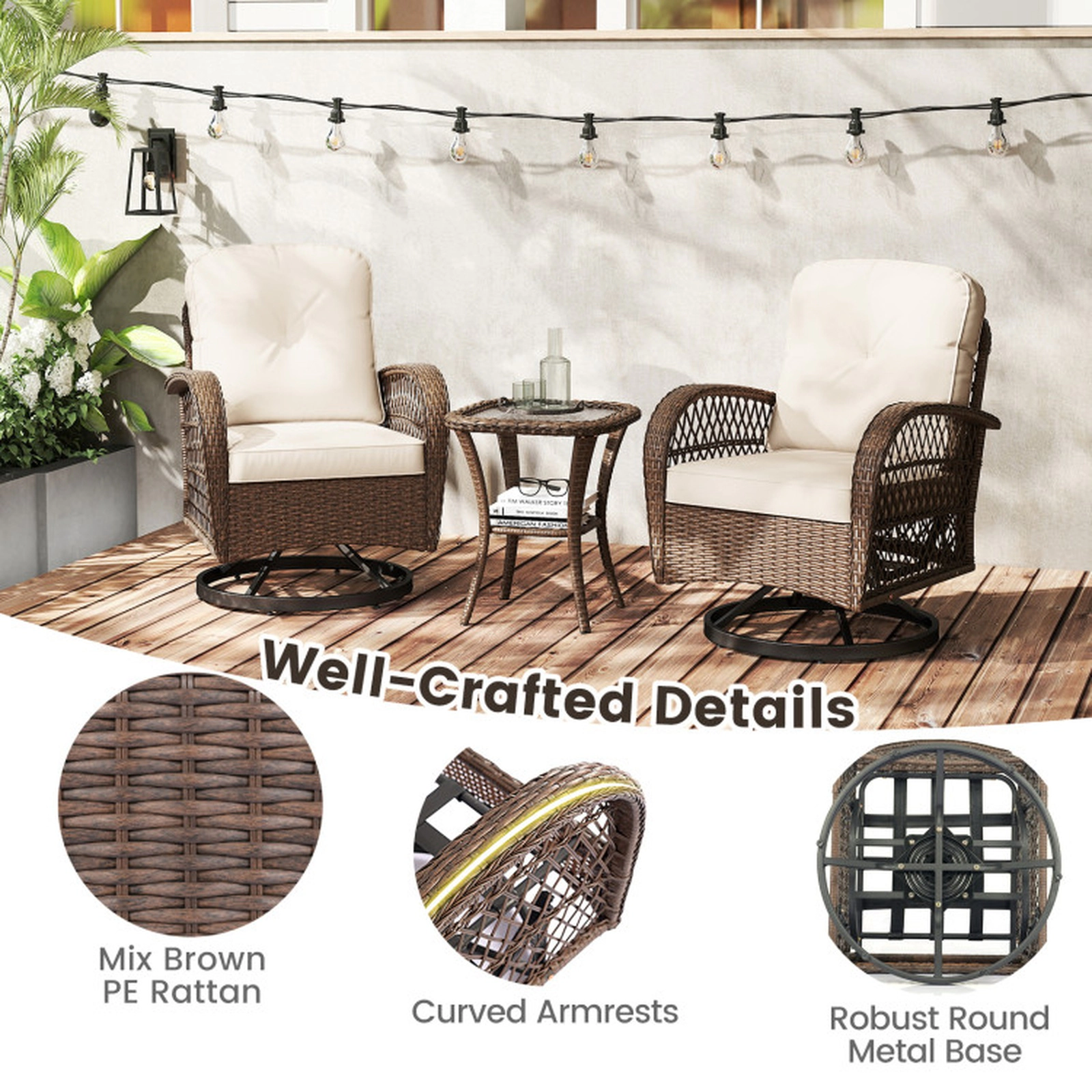 SUGIFT Patio Swivel Rocker Chair Set with Tempered Glass Side Table 400-lb Seat and 110-lb Table Capacity White Cushions