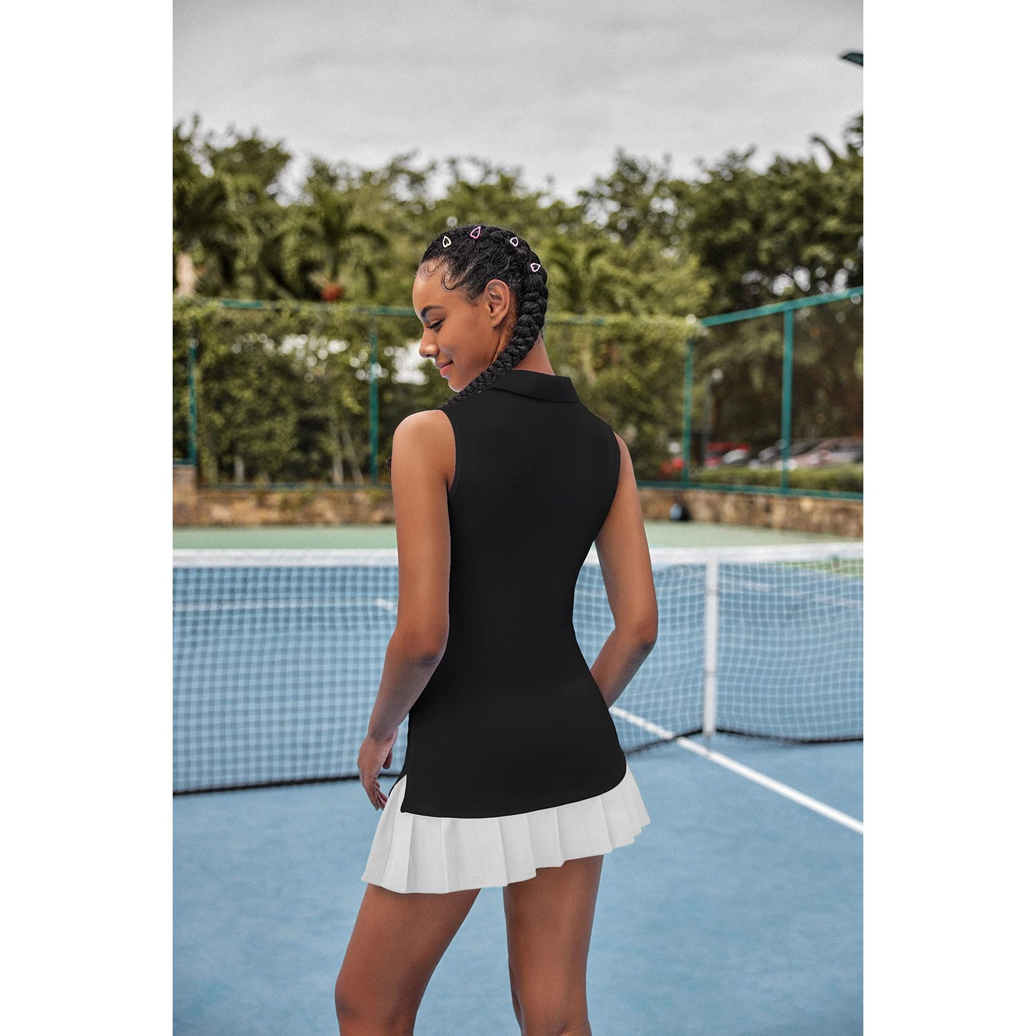 Pinspark Womens Sporty Sleeveless Polo Shirts Solid Collar Button Casual Tennis Tops