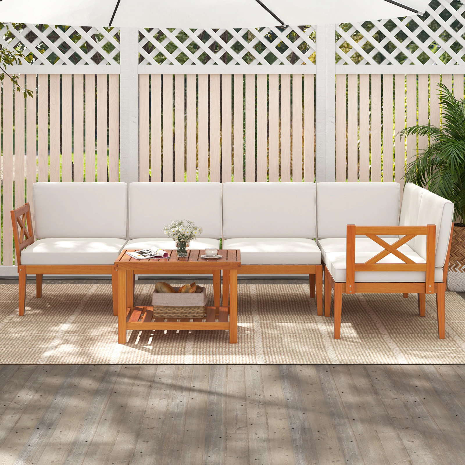 SUGIFT 6-Piece White Acacia Wood Outdoor Sectional Sofa Set with 2-Tier Coffee Table