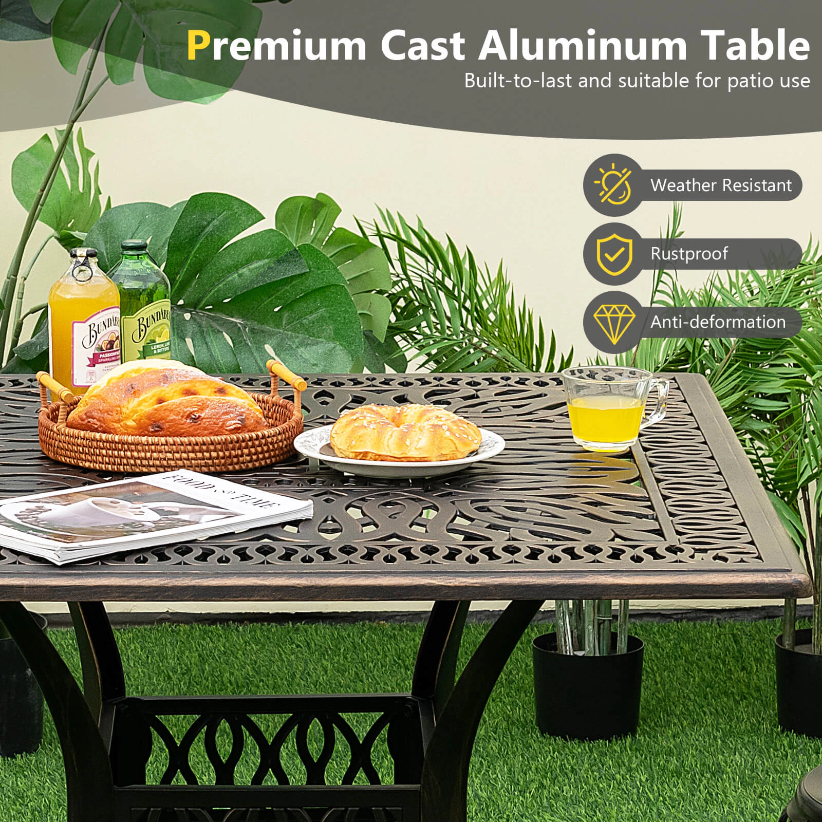 SUGIFT 36-in Cast Aluminum Patio Square Dining Table with 2-in Umbrella Hole 200-lb Capacity 4-Person Antique Brown