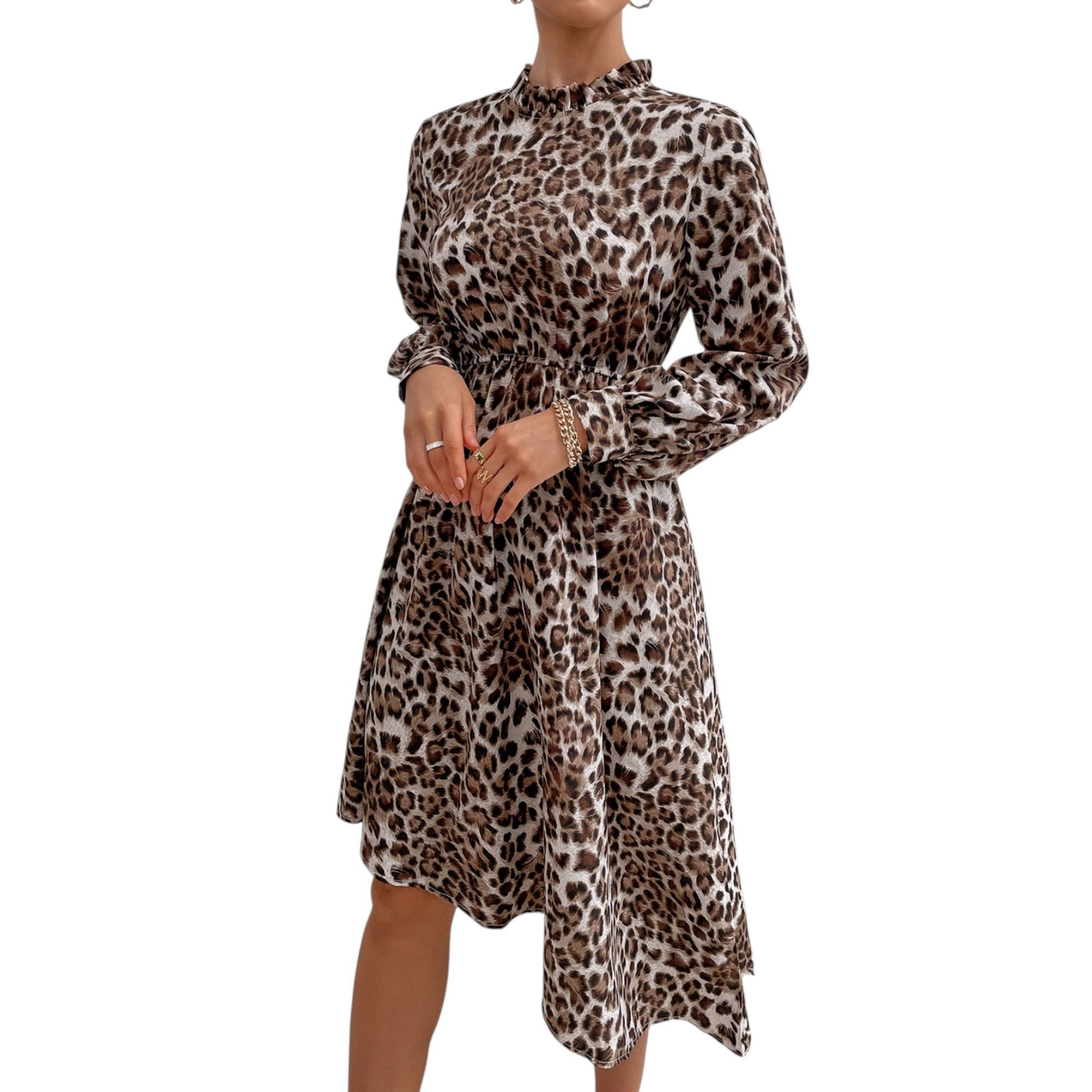Anna-Kaci Women's Long Sleeve Leopard Print High Neck Asymmetrical Hem Midi Dress