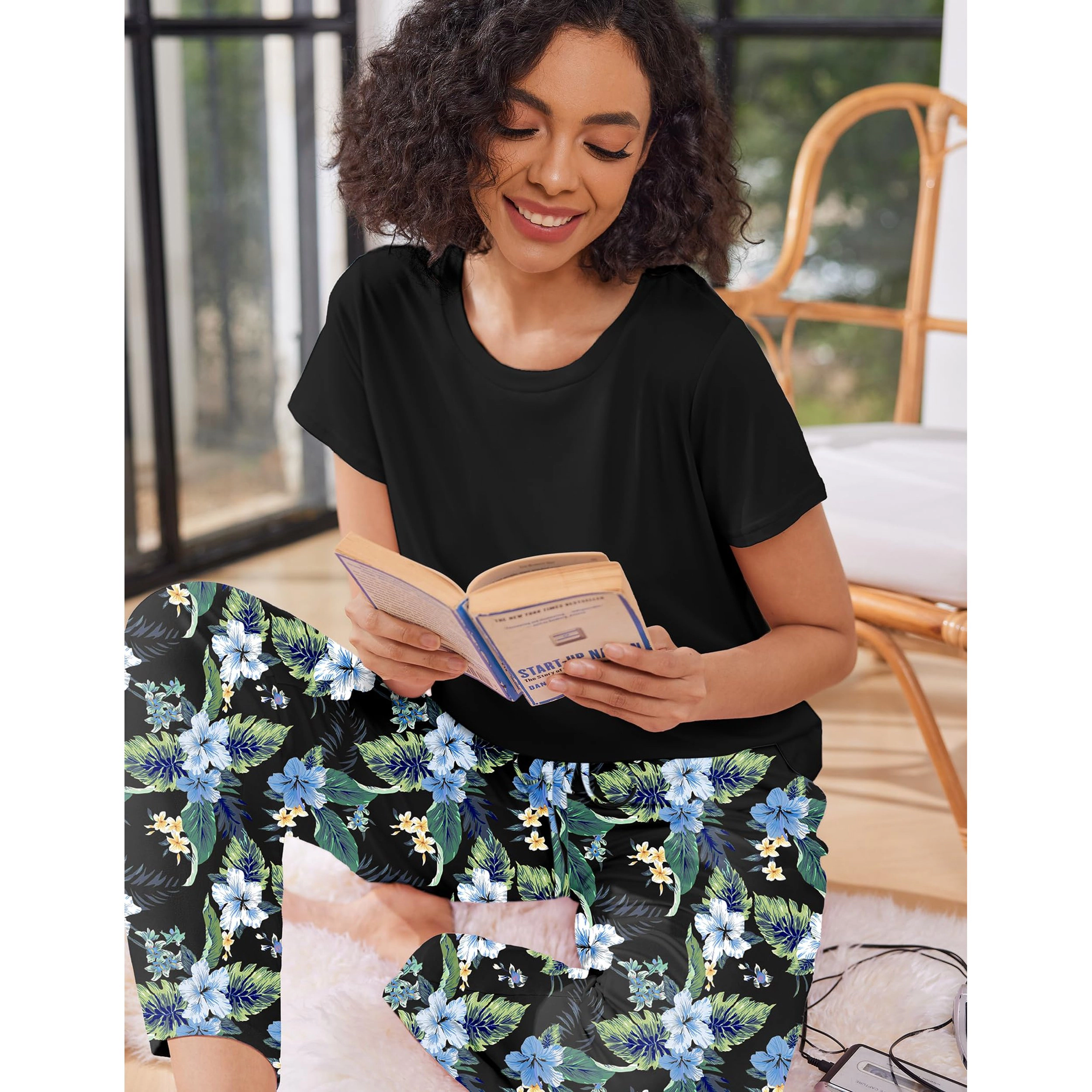 Ekouaer Pajama Sets Round Neck Pajamas Short Sleeve Sleepwear with Long Pants Loose Lounge
