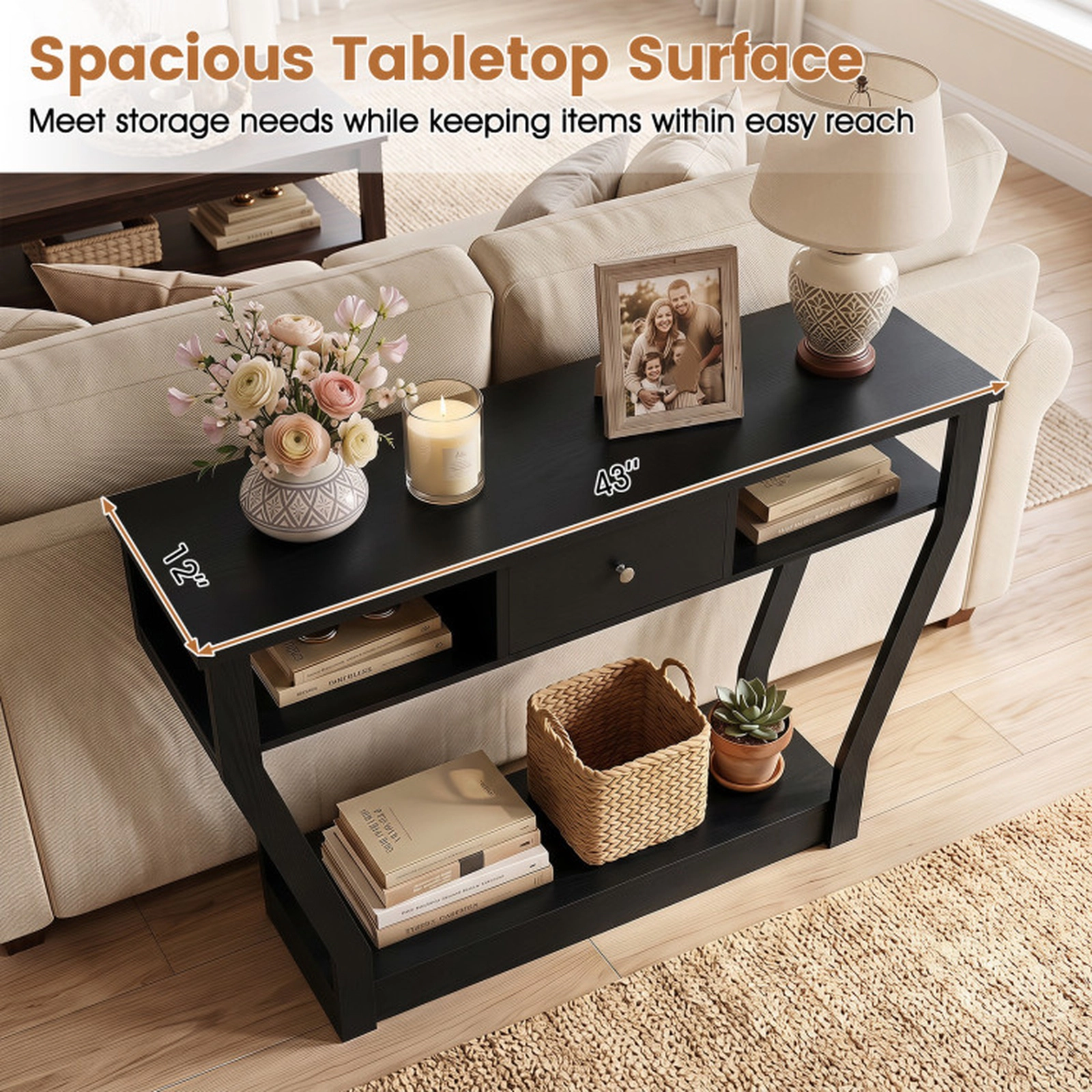 SUGIFT 3-Tier Curved Legs Storage Drawer Open Shelf Hall Console Table 43-in x 12-in x 32-in 66-lb Capacity Black