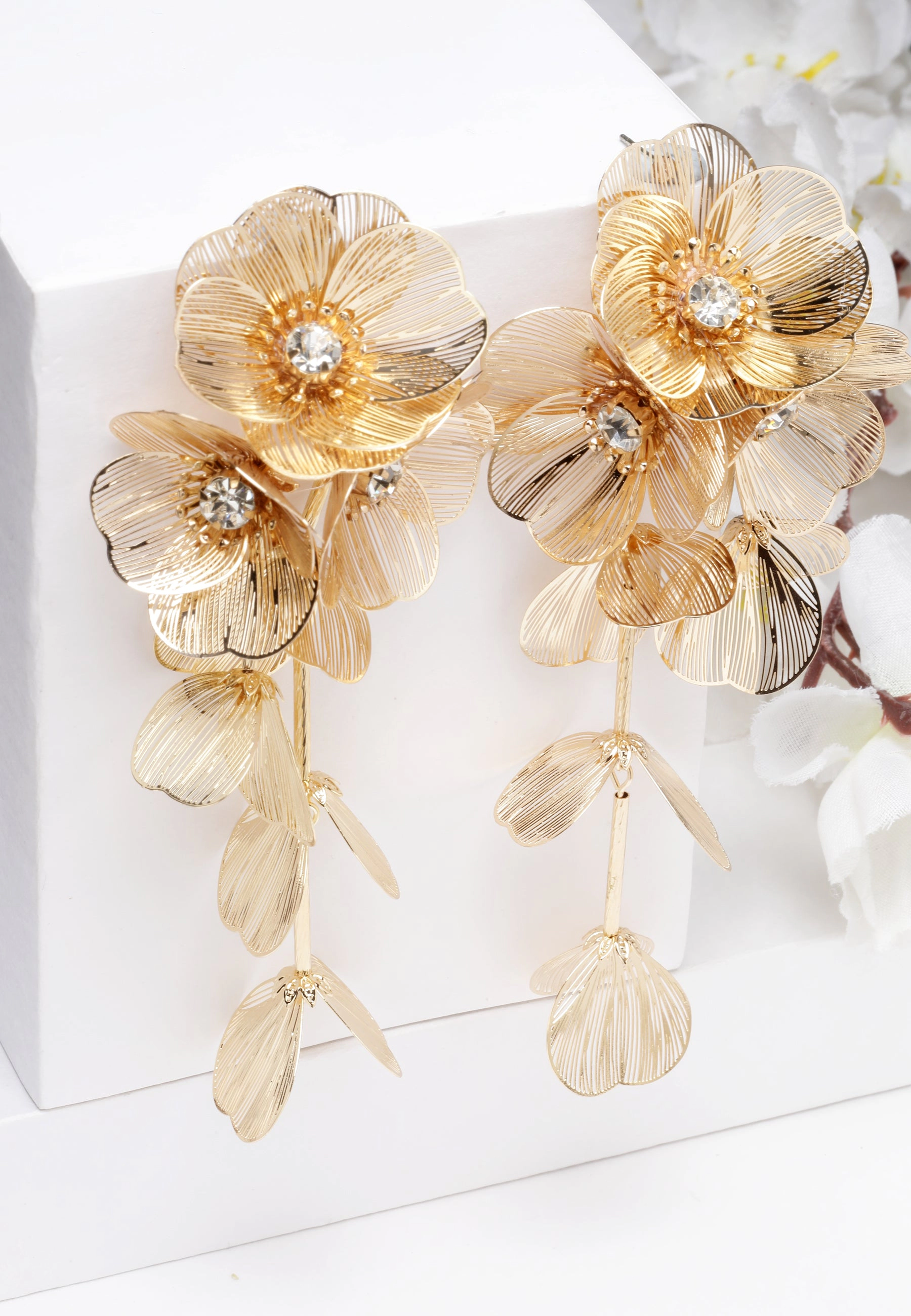AGP PARIS Womens Crystal Bloom Tassel Gold Plated Drop Earrings